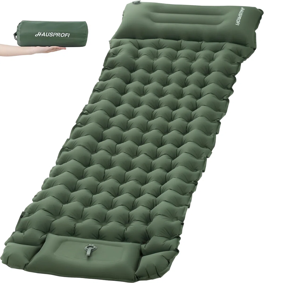 HAUSPROFI Matelas isolant de camping, 10 cm, ultra léger, avec pompe à pied et coussin, matelas gonflable compact et léger, tapis de camping pour randonnée, plage, extérieur, vert armée