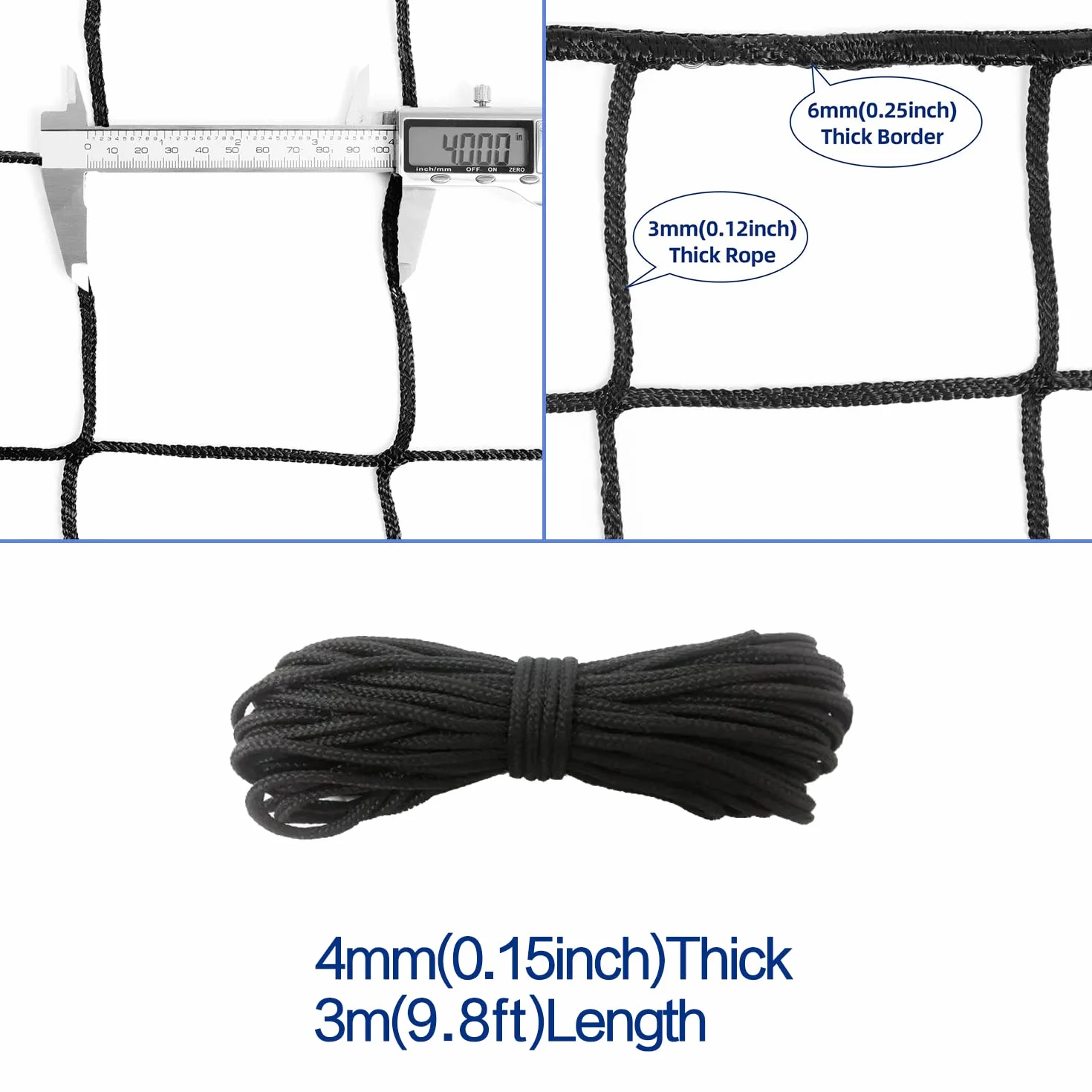Filet de sécurité de Football, Filet de Protection en Nylon à Fort Impact, 3 x 6 m, 3 x 9 m, 3 x 12,2 m (Corde d'installation Incluse)