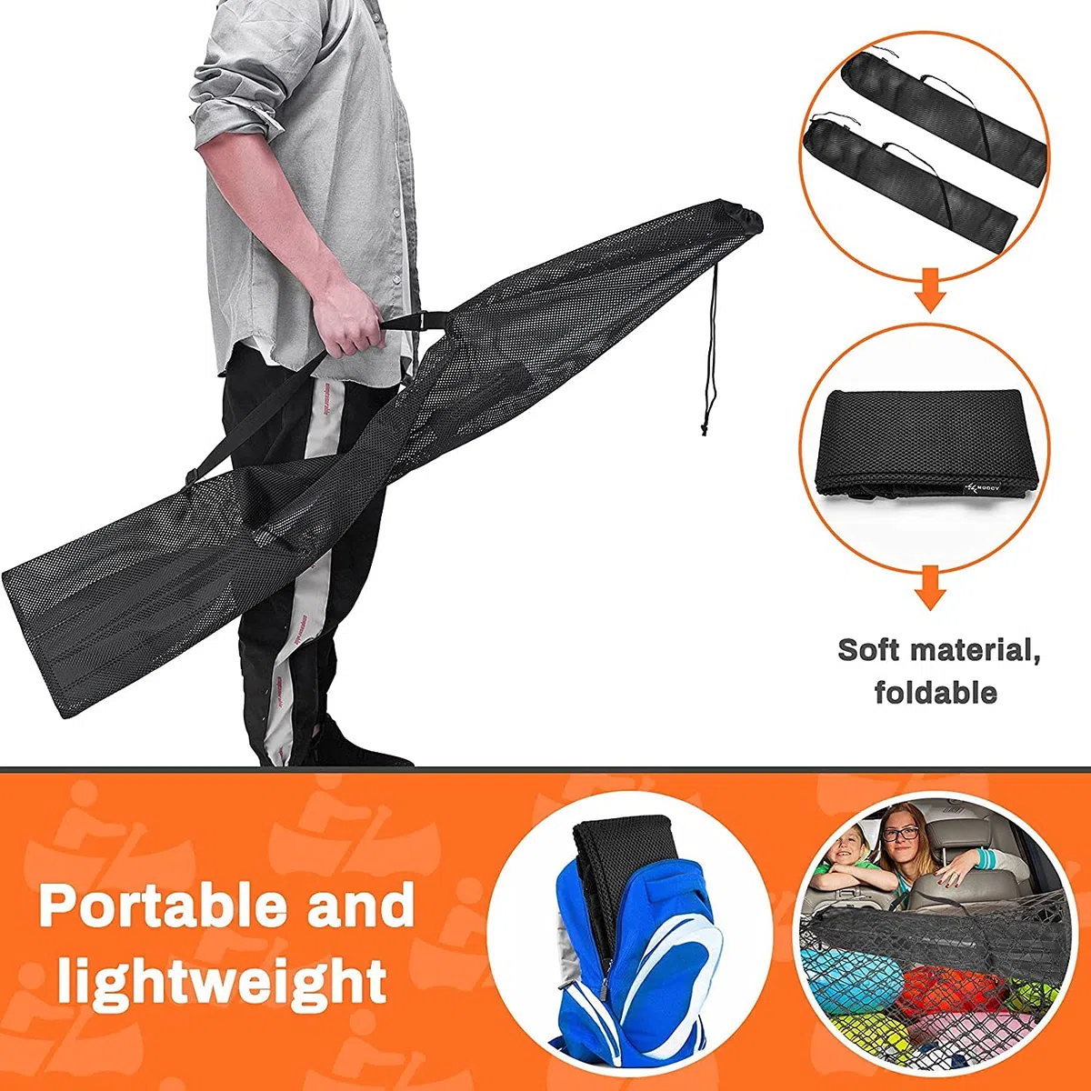 Sac de pagaie de kayak avec cordon de serrage en maille avec bandoulière réglable, sac de rangement portable pour pagaie de kayak, bateau, canoë, filets de rangement, plusieurs pagaies