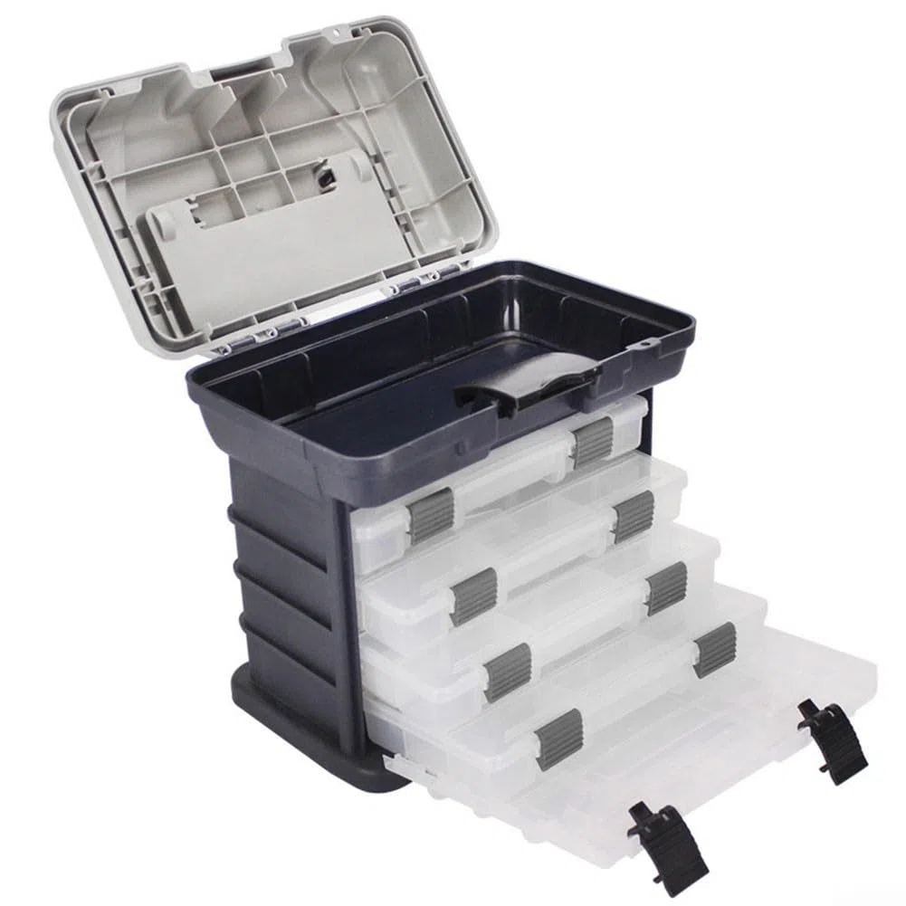 Boîte de rangement pour équipement de pêche à 4 couches avec poignée pliable pour la portabilité et l'assise, boucles de sécurité verrouillables, et grande capacité adaptée aux moulinets, lignes et