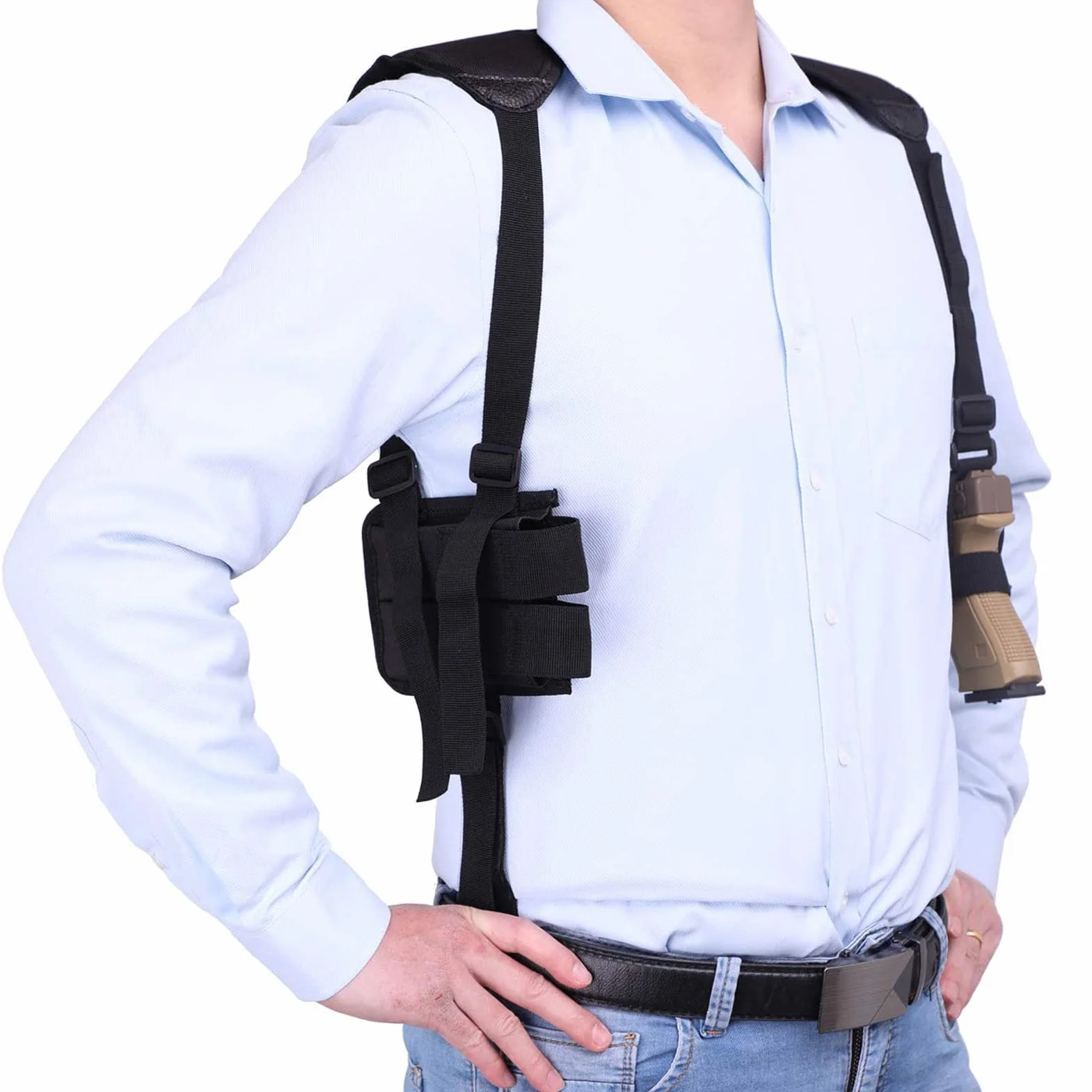 ZONSUSE Holster Epaule,Vertical Épaule Holster,Etui à Pistolet Dissimulé, Sangle Réglable avec Poches pour Magazines pour Pistolet Airsoft Police Entraînement Autodéfense Chasse