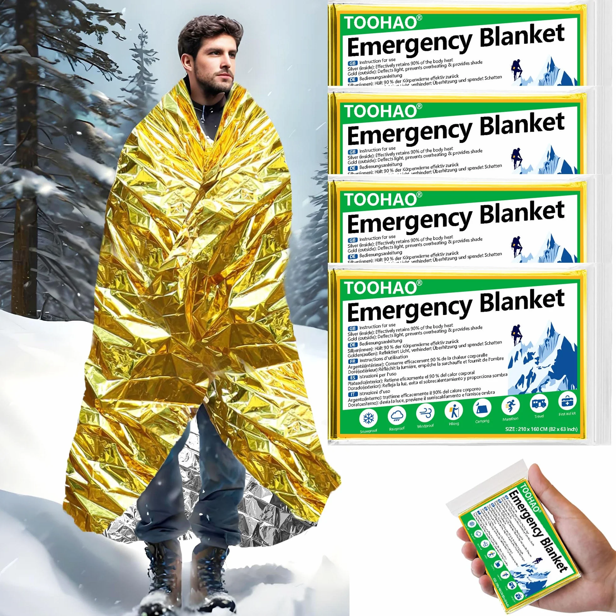 Couverture de Survie Reutilisable 4 Pièces, pour Randonnée Survie Premiers Secours Marathons Voiture, Robuste Indéchirable Imperméable - Or Argent