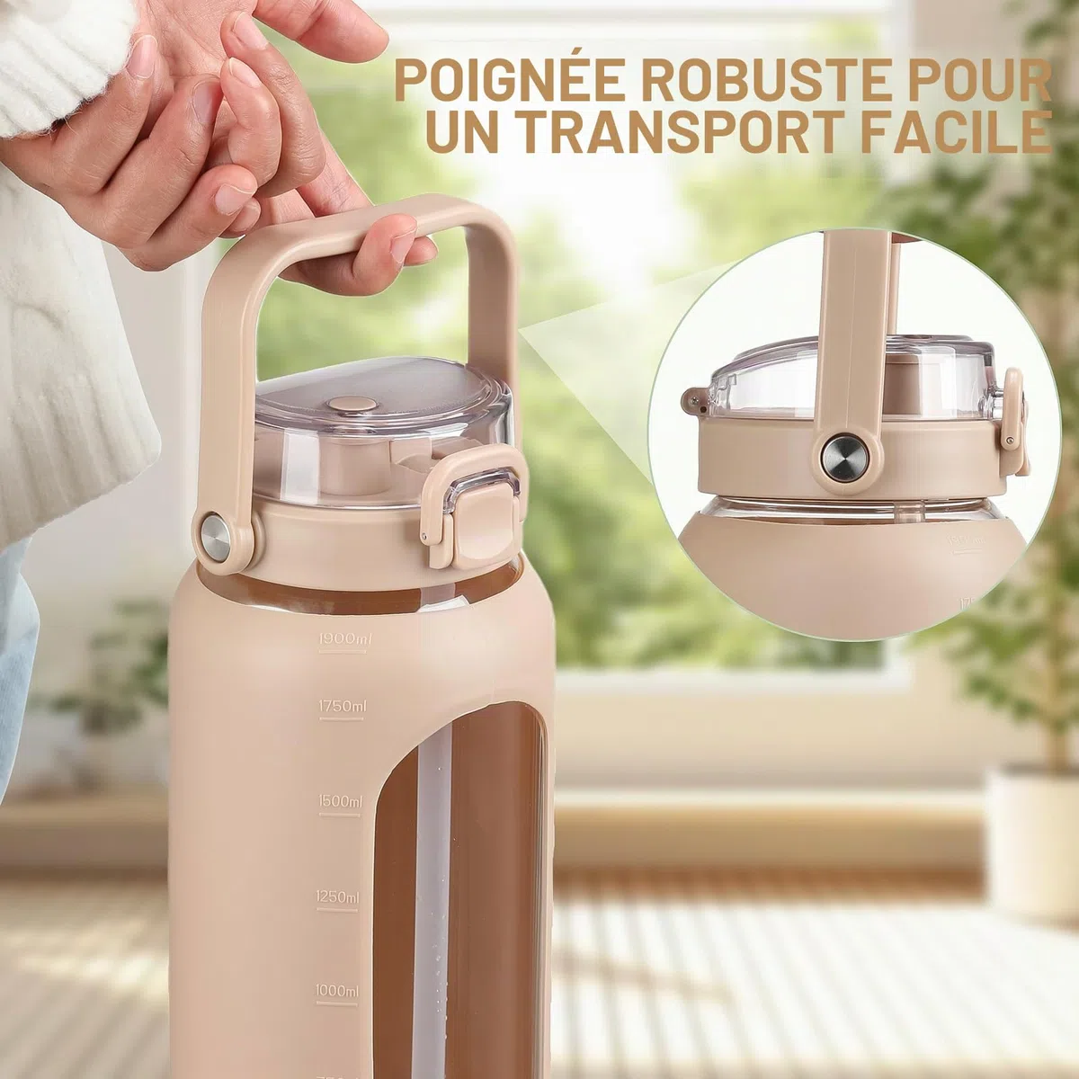 BLUEGO 2L Gourd en verre Avec paille Marqueur de temps Bouteille d'eau Motivation avec manchon en silicone 2 litres Grande carafe d'eau en Verre pour Gym, sports et entraînement, Ambre