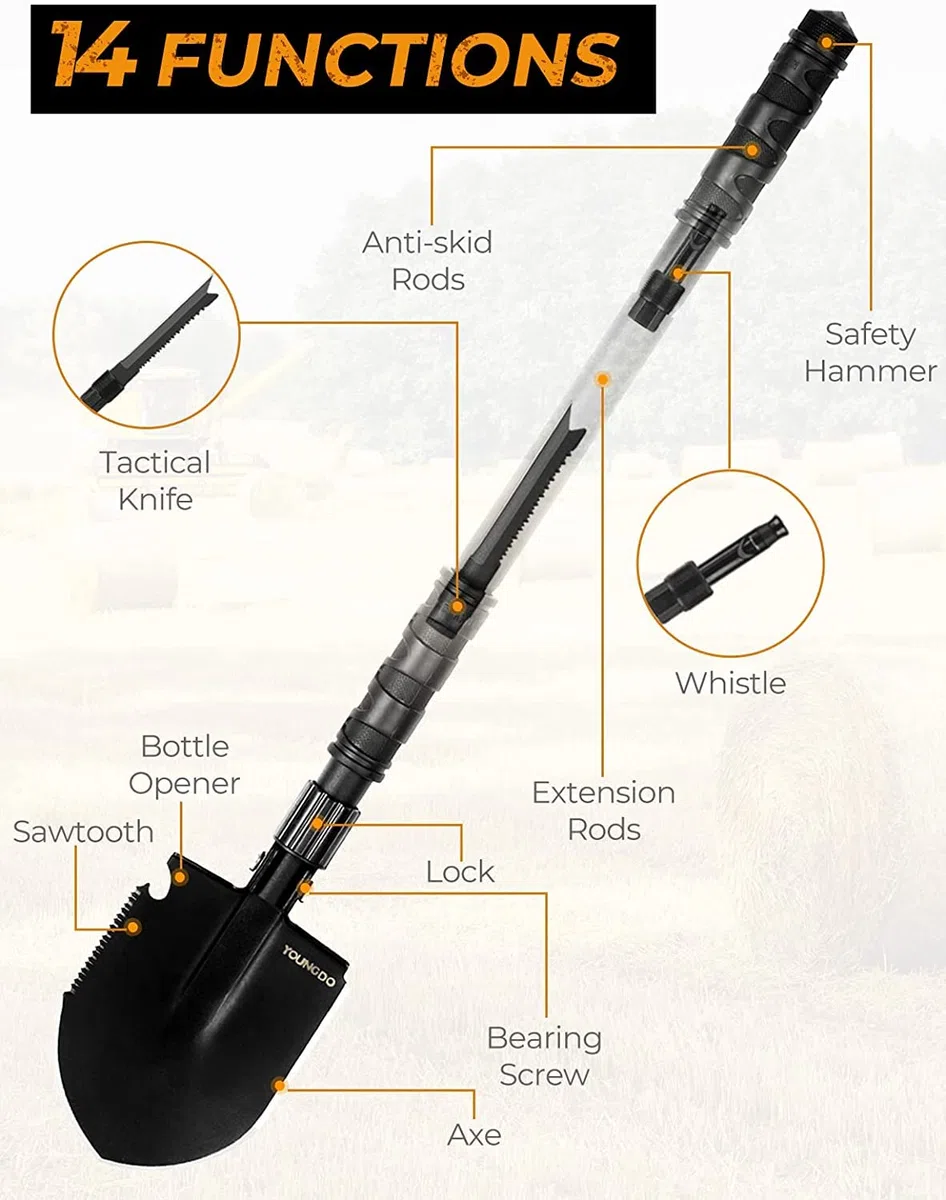YOUNGDO Pelle Pliante 14 Fonctions, Pelle pliante Multifonctionnelle pour Couper Branches, Camping, Survie, Randonnée et Jardinage (Pelle Pliable+ 3 Poignées+Sifflet de Survie+Couteau à Poisson)