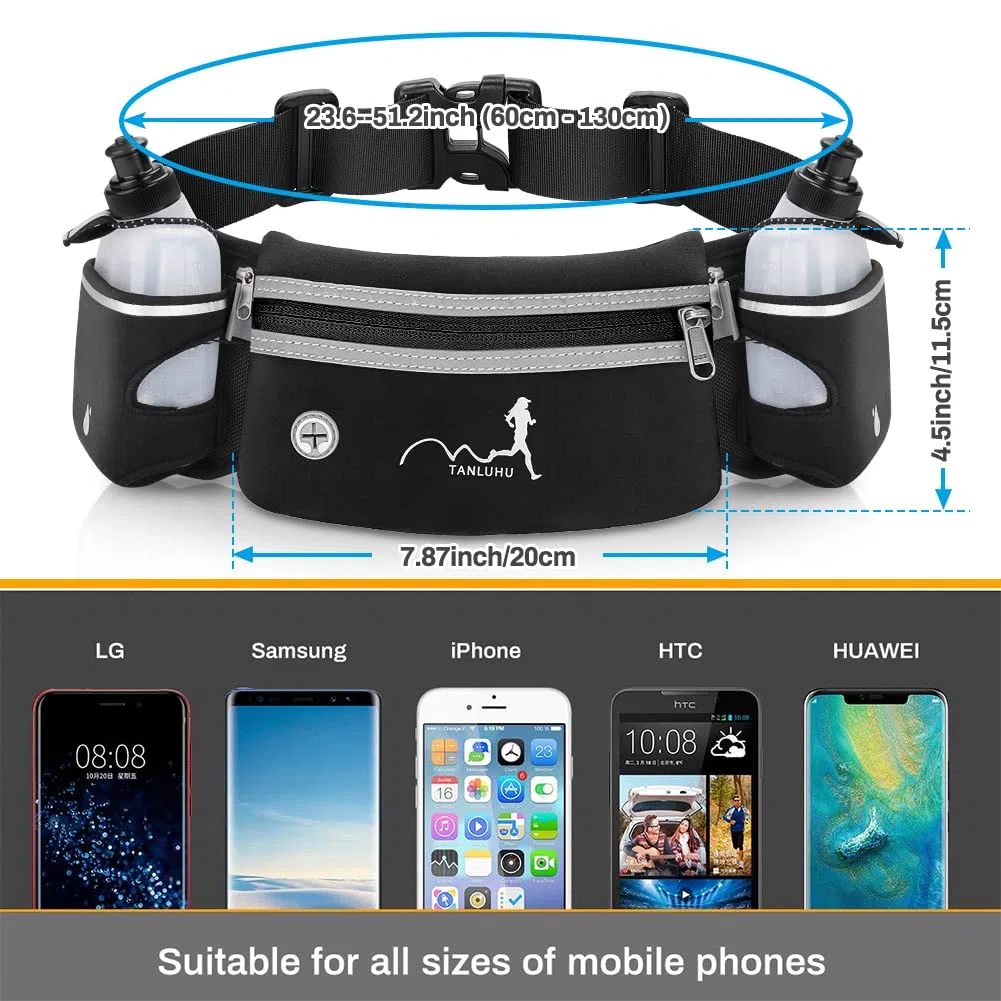 Ceinture de Course Running Belt Sac Banane de Sport Ceinture d'hydratation avec 2 gourdes Sac de Taille réfléchissant pour Smartphones, clés pour Marathon, l'entraînement, la randonnée (Noir)