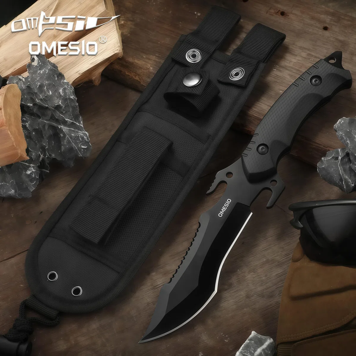Omesio Couteau de Survie Lame Fixe Bushcraft - Full-Tang Noir, Forgé à la Main, Tranchant et Durable, Idéal pour Randonnée et Activités Outdoor