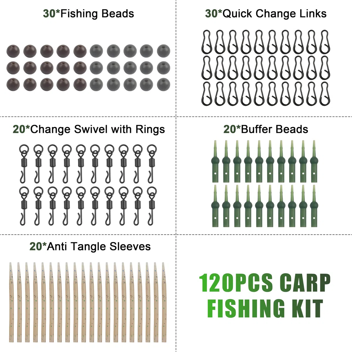 Lot de 120 accessoires pour hélicoptère de pêche à la carpe - Manchons anti-nœuds - Changement rapide - Clips et perles