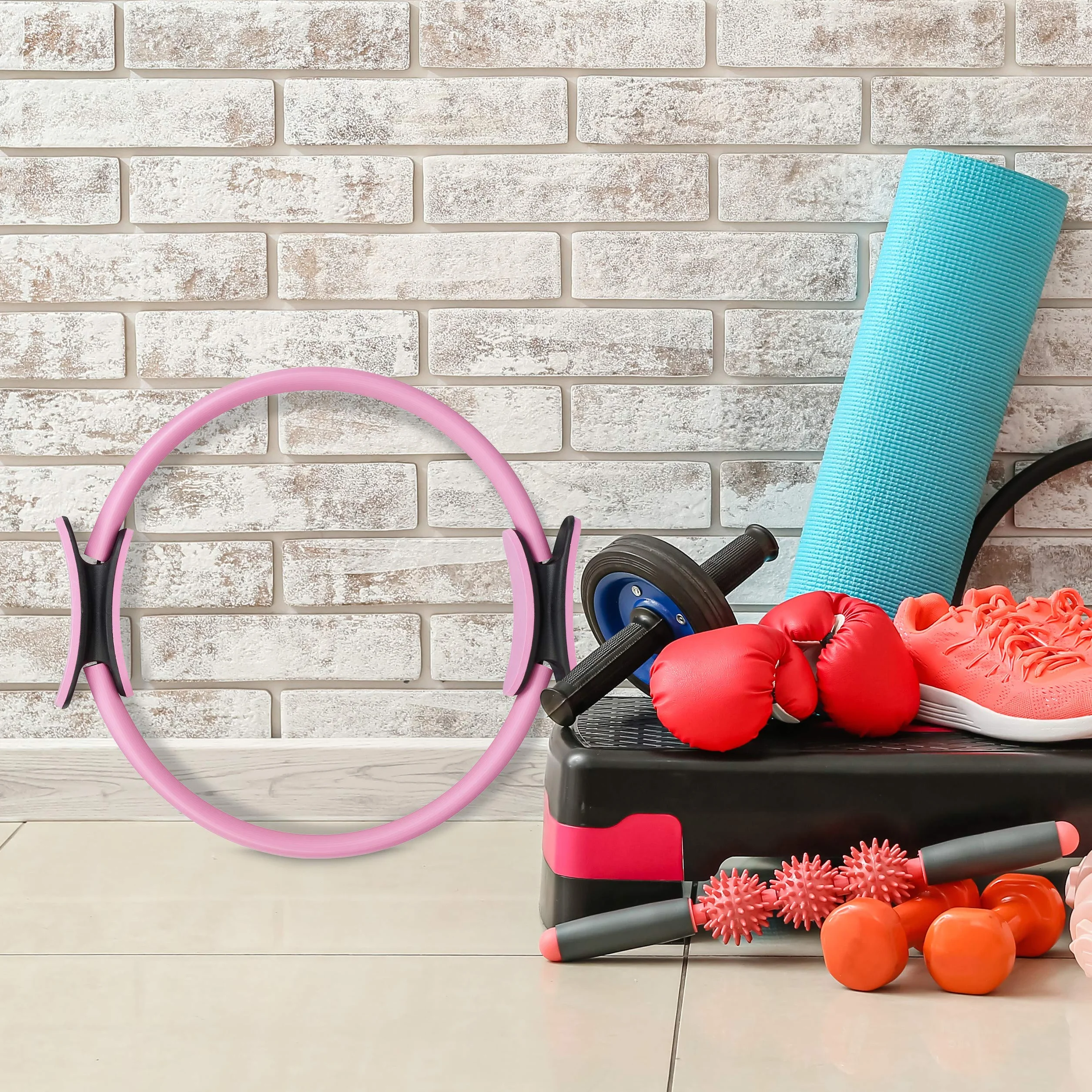 Anneau Pilates, avec Exercices, Double poignée, rembourré, Cercle Yoga, Fibre de Verre, Ø 37 cm, Sport