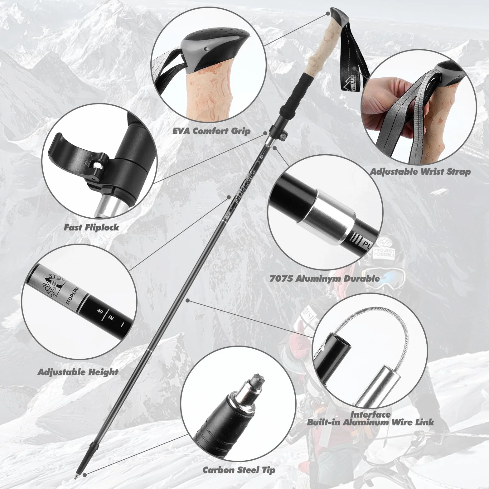 Bâtons de Randonnée en Aluminium 2 PCS, Baton de Marche Nordique Pliable Télescopique Antichoc Antidérapant 105-125 CM, Baton de Randonnée avec 4 Paires de Tampons Caoutchouc pour Trekking