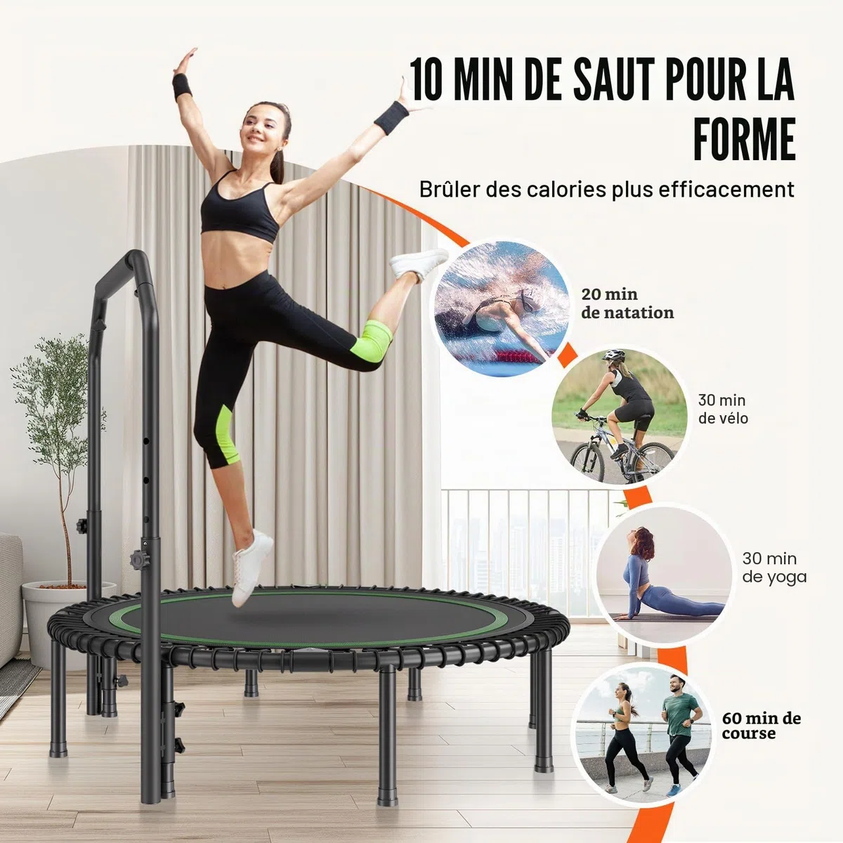 VEVOR Mini Trampoline Pliable, 1290 mm, Fitness rebounder, Charge Max. 205 kg, Stable et Silencieux avec poignée en Mousse réglable en Hauteur à 4 Niveaux, pour entraînement intérieur/Jardin Adultes