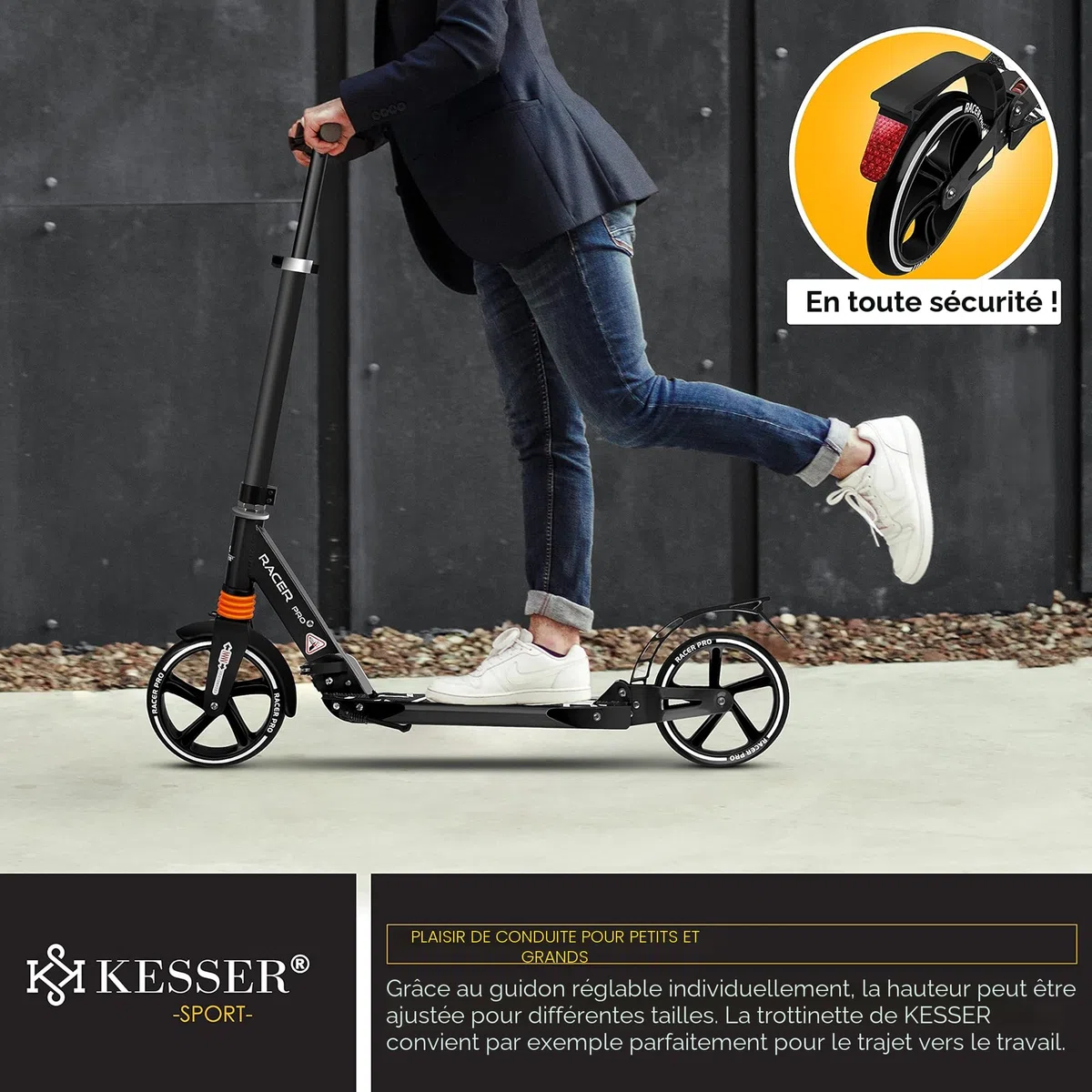 KESSER® Cityroller - Trottinette avec grosses roues en polyuréthane de 205 mm PRO-S, double suspension, pliable et réglable en hauteur, convient en ville, pour adultes et enfants