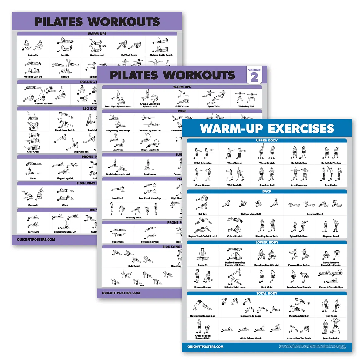 Lot de 3 affiches d'entraînement de pilates, volume 1 et 2 + routine d'échauffement, tapis de pilates, exercices de travail, tableaux de fitness (45,7 x 61 cm, laminé)