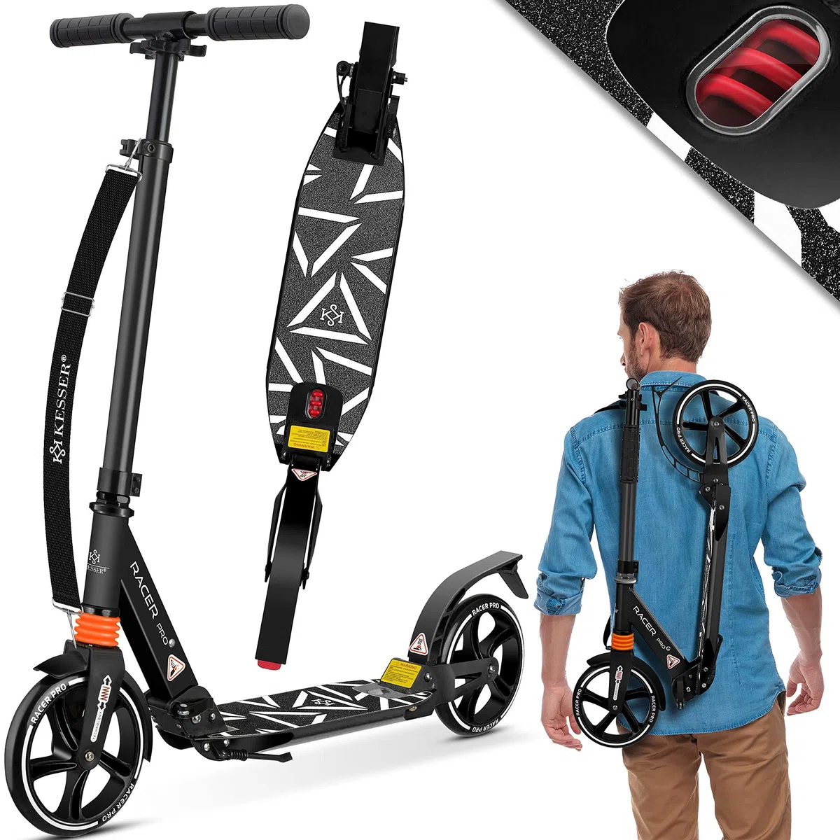 KESSER® Cityroller - Trottinette avec grosses roues en polyuréthane de 205 mm PRO-S, double suspension, pliable et réglable en hauteur, convient en ville, pour adultes et enfants
