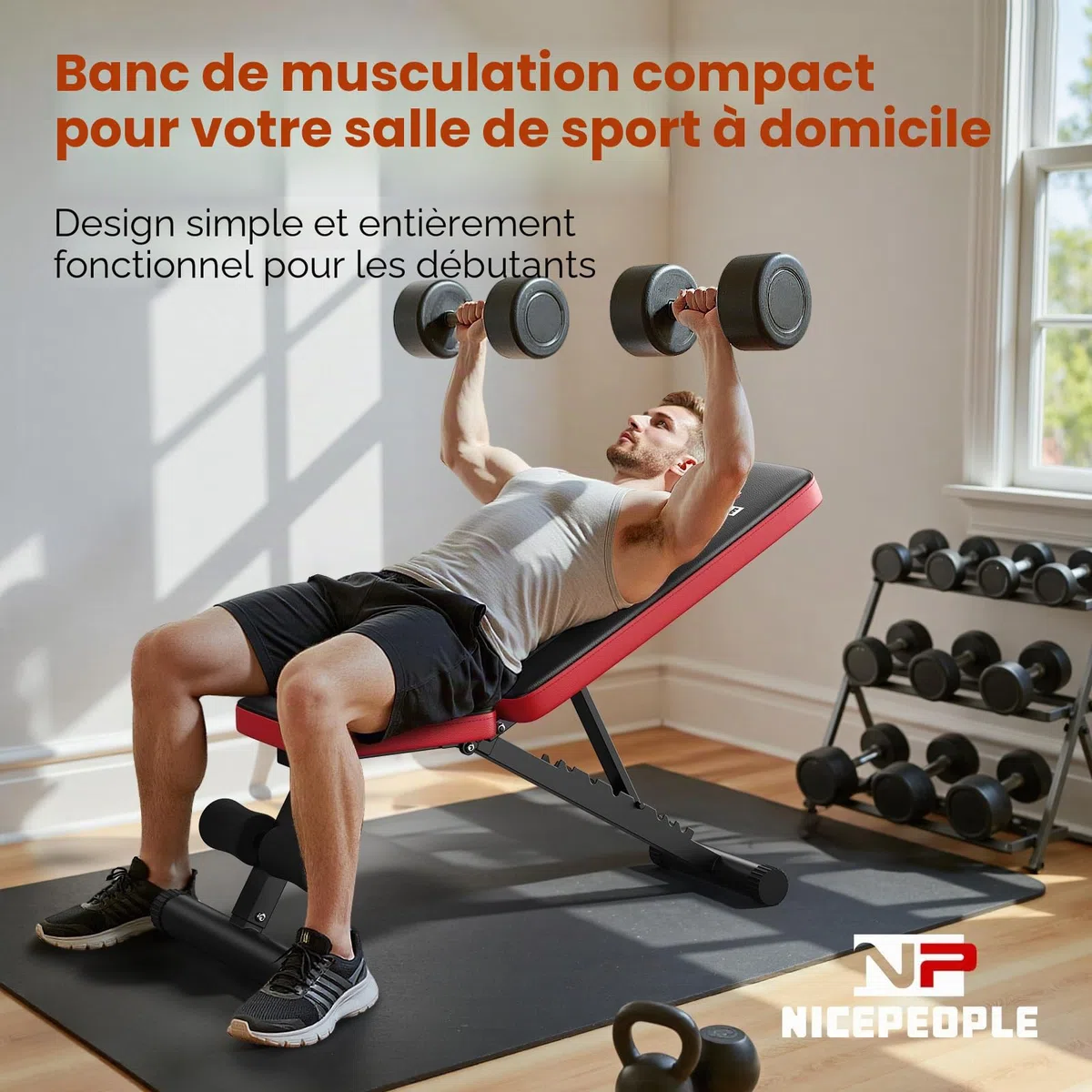 Nicepeople Banc de musculation réglable pour la maison, capacité 299 kg, banc d'entraînement avec 8 appuis-tête pour la poitrine, les épaules et les bras, banc de force compact et pliable pour petit