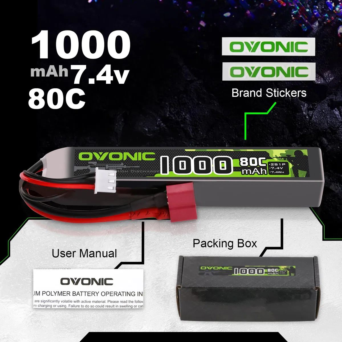 OVONIC Lot de 2 batteries Lipo 2S 7,4 V 80 C 1000 mAh Airsoft Lipo avec connecteur Deans T pour pistolets Airsoft