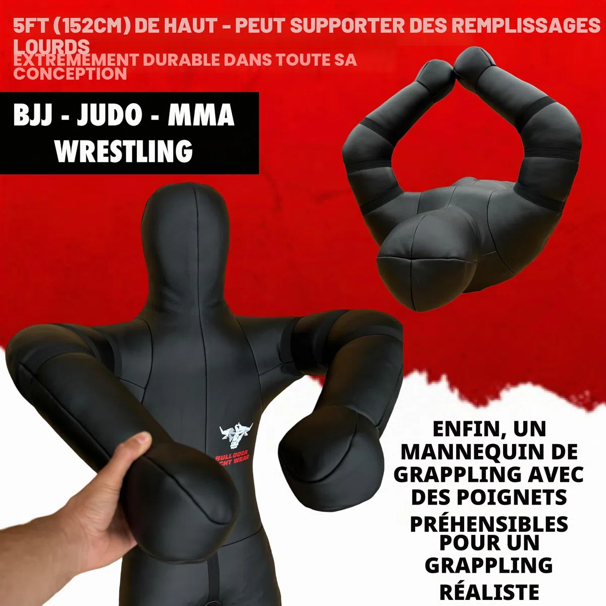 BULL DOZA FIGHT WEAR Mannequin de combat auto-remplissable de 1,52 m – Mannequin de jiu-jitsu pour BJJ avancé, lutte, judo, ground and pound, et entraînement MMA