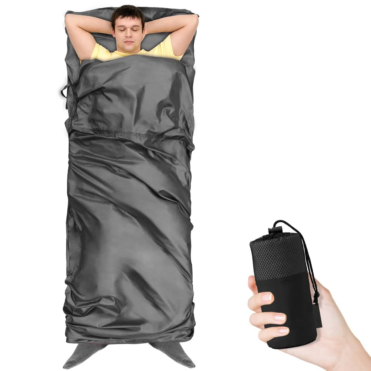 Drap de Sac de Couchage, Sac a Viande Couchage Douce avec Poche d'oreiller, Drap de Sac Ultraléger et Portable pour Hôtels, Randonnée, Camping (Gris)