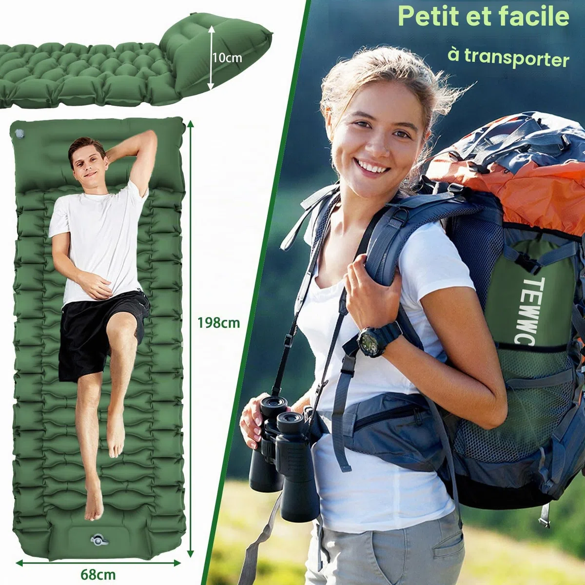 Tapis de Camping Gonflable Ultraléger avec Oreiller, Pompe à Pied intégrée, Portable, Matelas Pneumatique Simple, Matelas Autogonflant Tapis de Camping pour Randonnée, Vert
