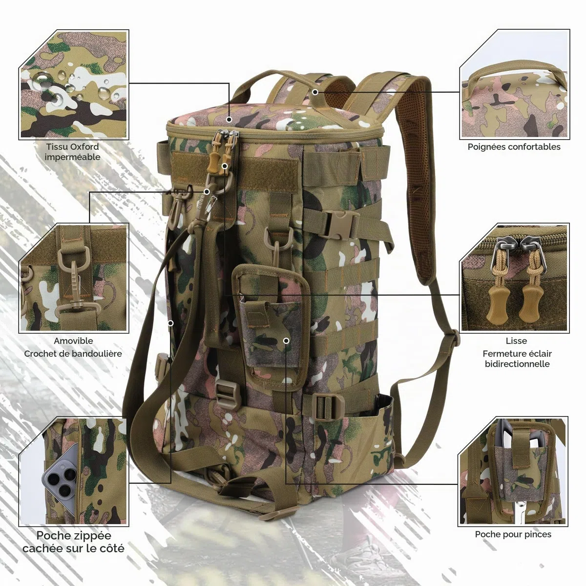 Sac à dos imperméable pour Matériel de pêche, Sac à bandoulière militaire et randonnée