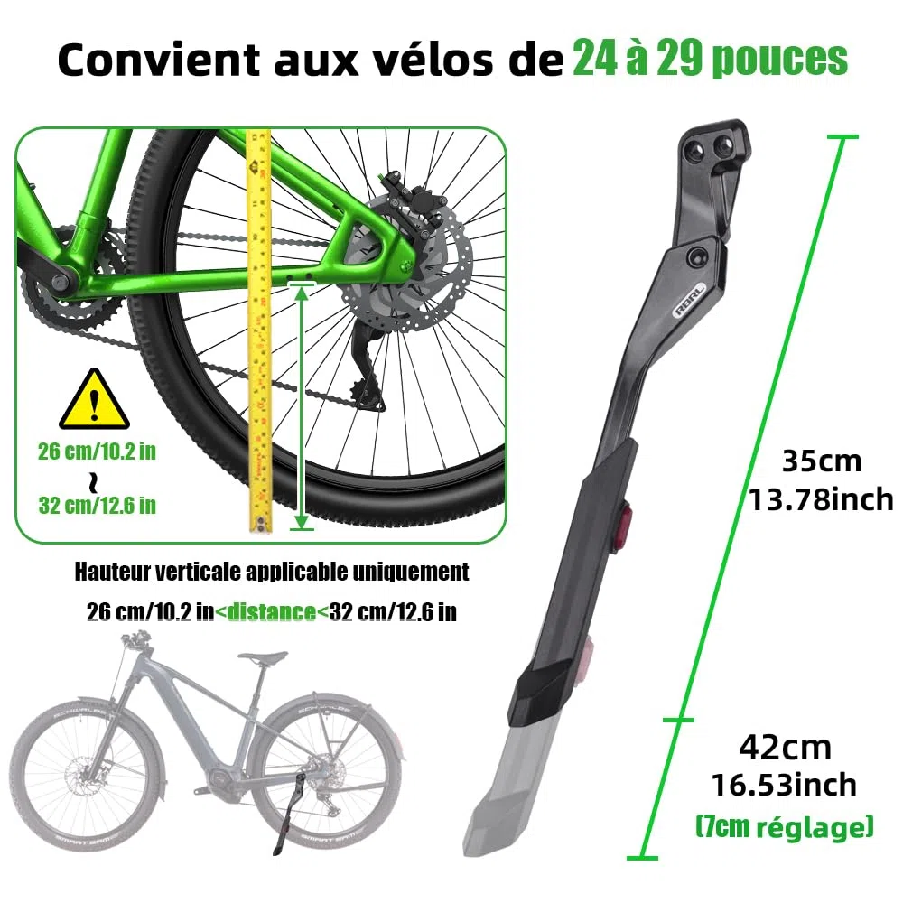 RBRL Béquille de vélo de 24 à 29 Pouces, Stable et antidérapante, réglable en Hauteur, en Alliage d'aluminium, pour VTT, vélo de Route, vélo électrique
