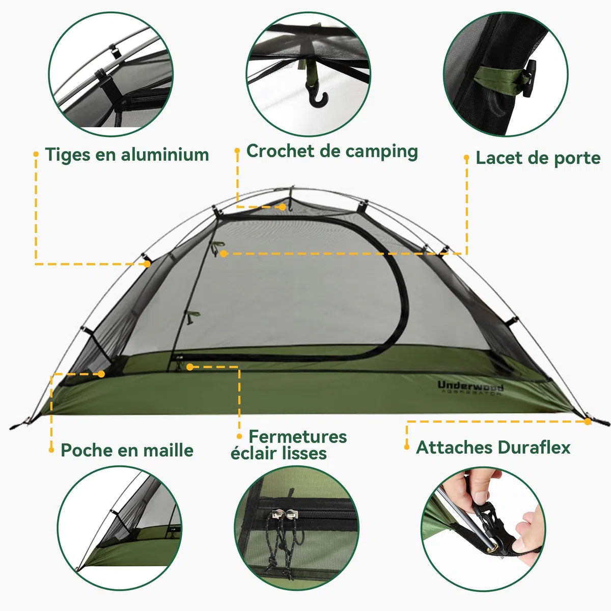 UnderwoodAggregator Tente de randonnée pour 1/2 personne,Tente légère et imperméable pour le camping, facile à installer, tente dôme compacte pour 1/2 personne, tente 3 saisons pour randonnée, camping