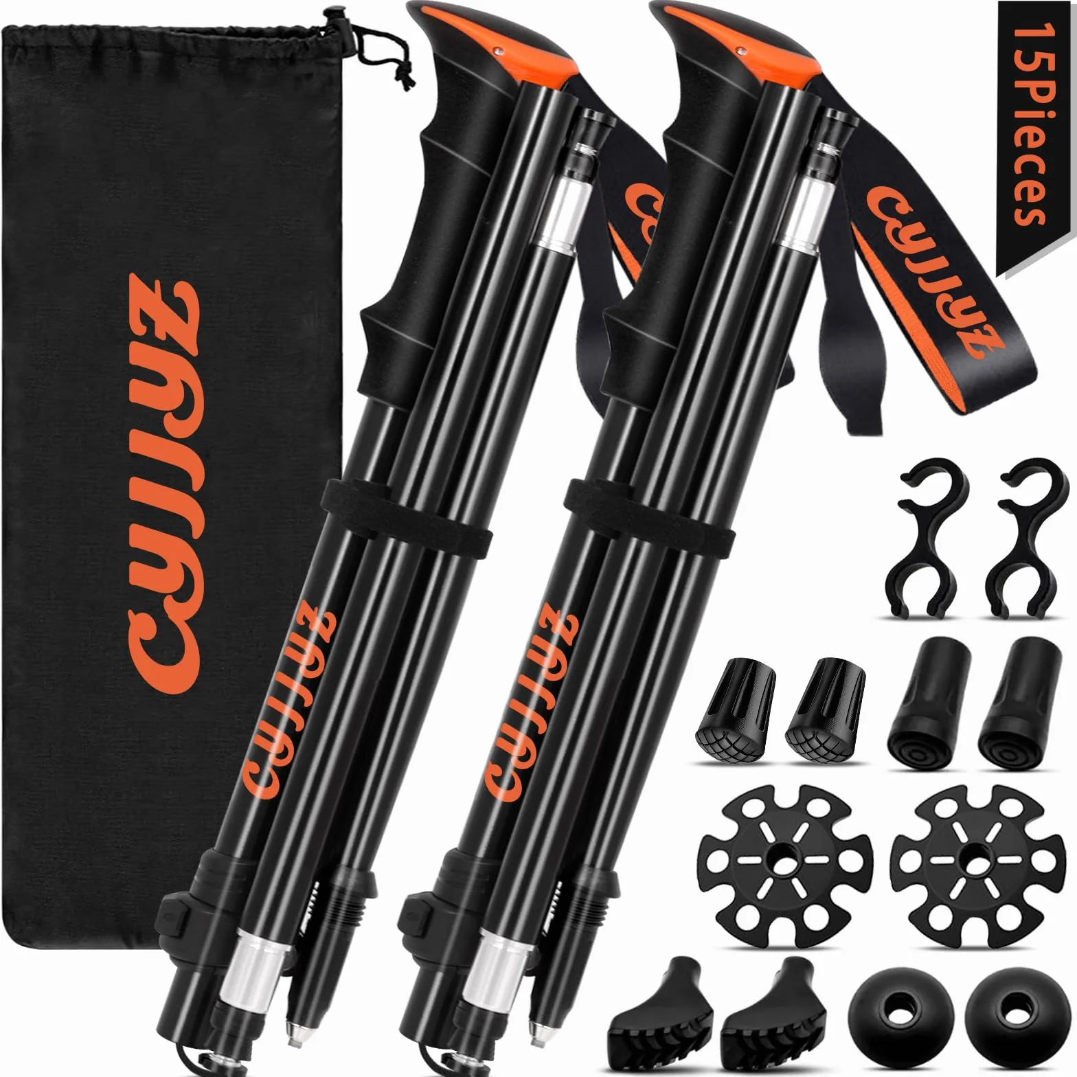 2Pcs Baton de Marche Pliable, Bâtons de Randonnée, Réglables 108-135cm, Batons de Marche Nordique, Baton de Randonnée en Aluminium, avec 5 Paires de Tampons en Caoutchouc, pour Trekking