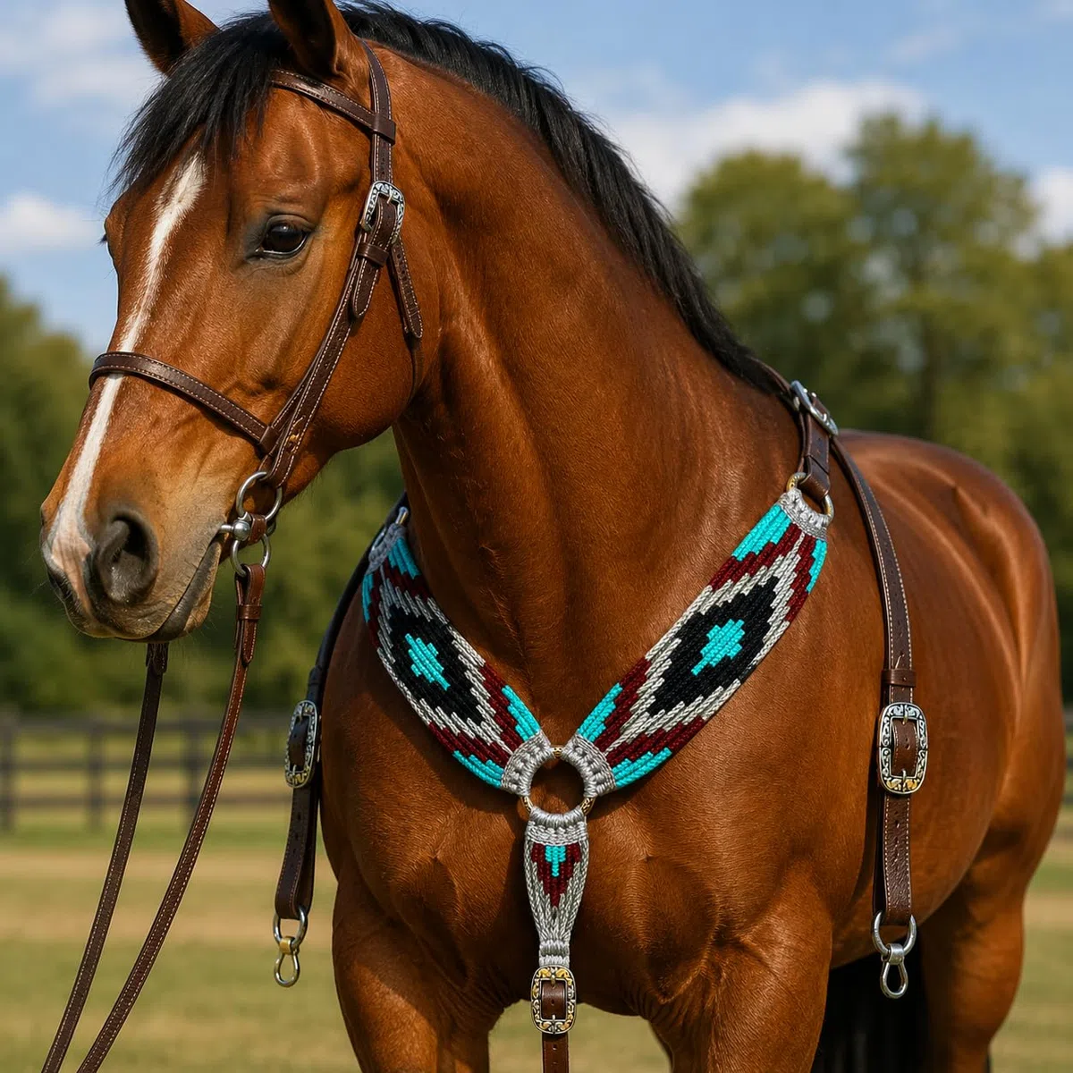 Cheval's International Collier de poitrine en mohair occidental fait à la main en laine pour accessoires d'équitation (Multicolore_Pony_Design2)