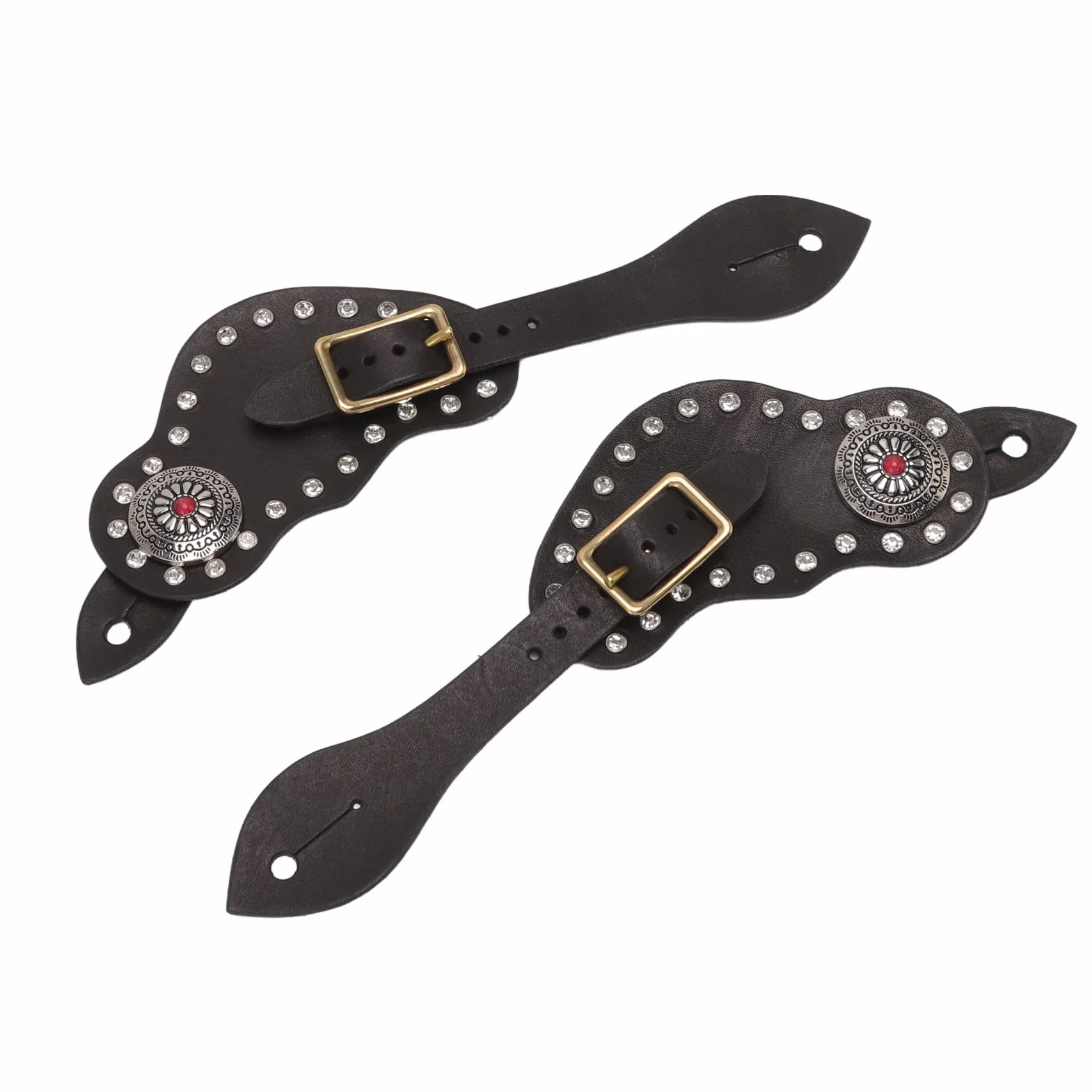 1 Paire de Sangle d’éperon en Cuir avec Strass, Style Western Vintage, Ceinture d’éperon pour l’équitation avec Boucle en métal, Sangle en Cuir de Vache réglable pour Bottes