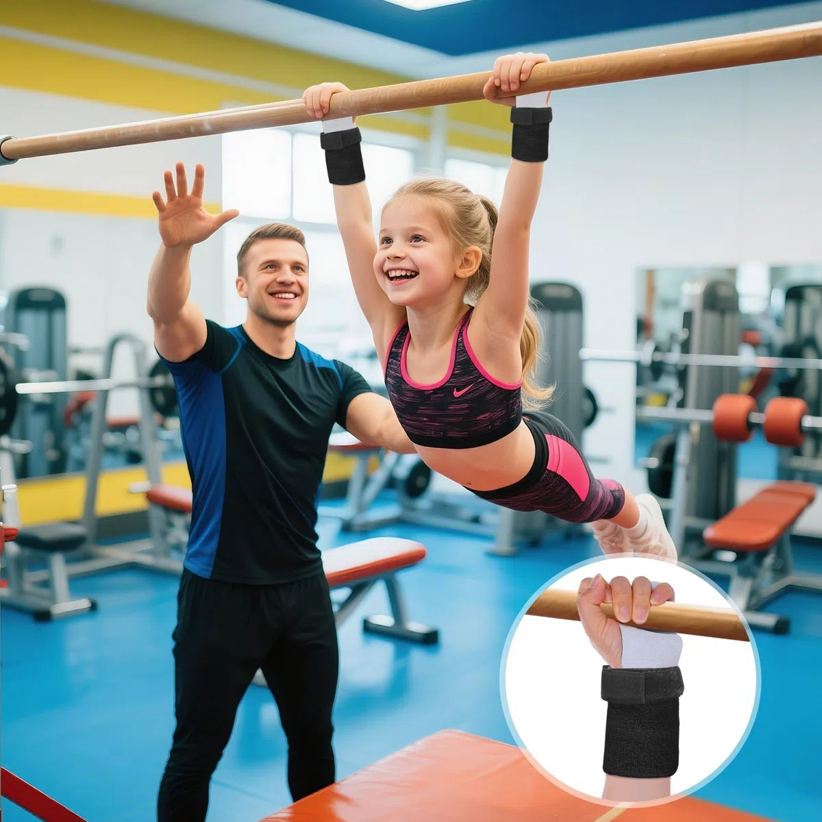 Manique Gymnastique Fille, 1 Paire Gant Gymnastique Fille avec Poignet en Tissu, Manique Gym Enfant pour Eentraînement de Gymnastique, Tractions, Haltérophilie, Cyclisme