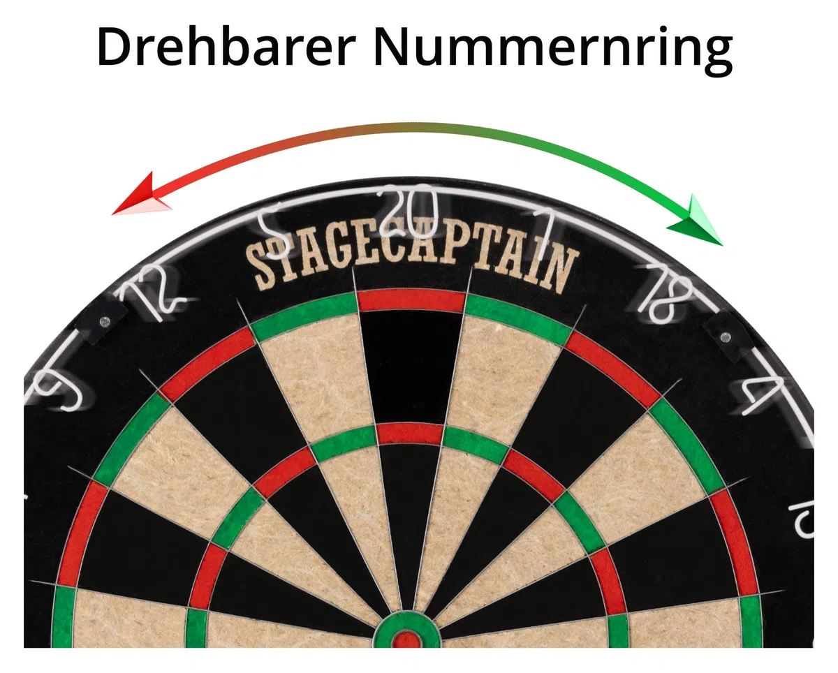Stagecaptain DBS-1715 Bullseye Pro Cible de Fléchettes Complète - Steeldarts en Sisal, Tapis Caoutchouc, Support réglable, 6 fléchettes, 4 Sets de Flights - Or.