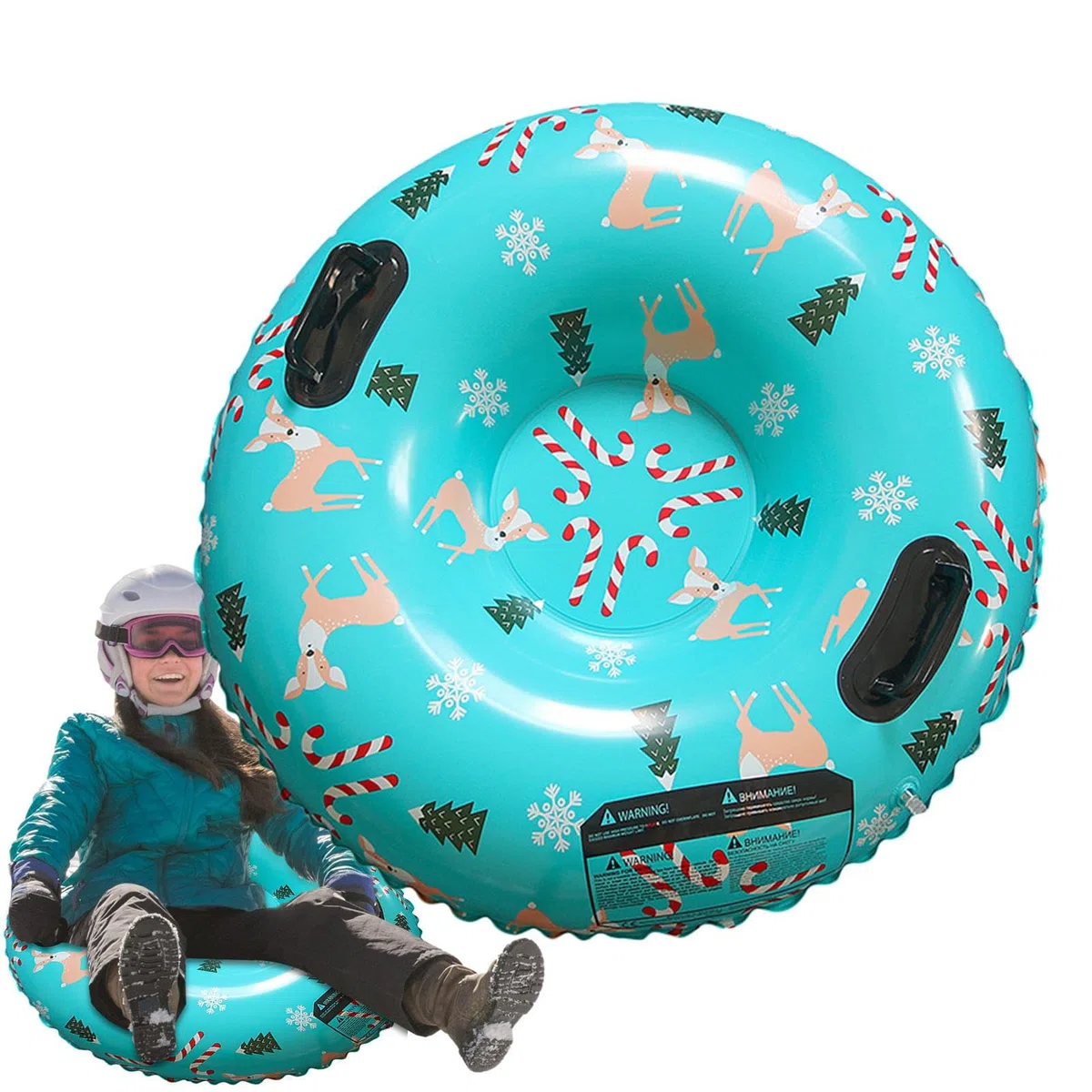 Sollee Tube de Neige Gonflable Traîneau Gonflable pour Tubes de neigeavec 2 poignées Tubes de Neige pour la Luge Anneau de Ski Gonflable pour Sport d'hiver en Plein air