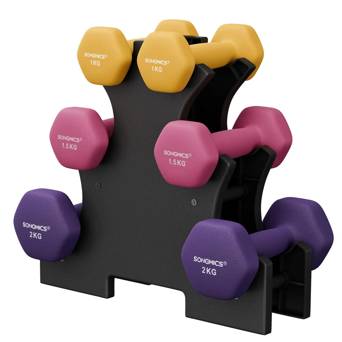 SONGMICS Lot d'haltères hexagonaux courts avec support d'haltères, finition mate, revêtement en néoprène, pour la musculation, à la maison