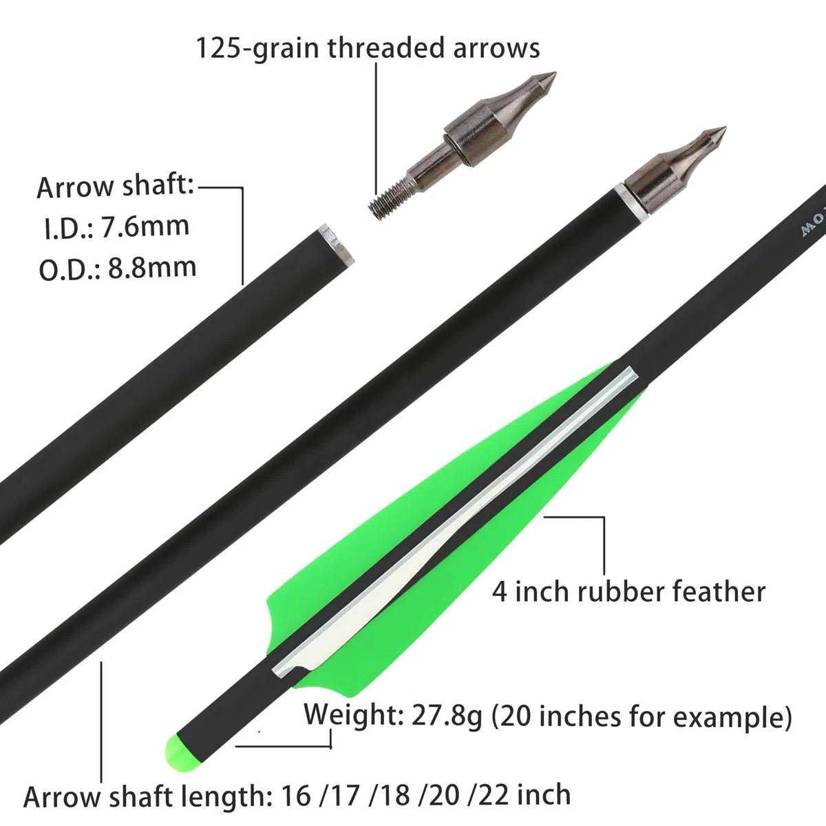 Flèche d'arbalète 16" 17" 18" 20" 22" Flèches d'arbalète en Carbone avec Plume de 4" pour la Chasse, Les cibles et l'entraînement 6/12Pcs