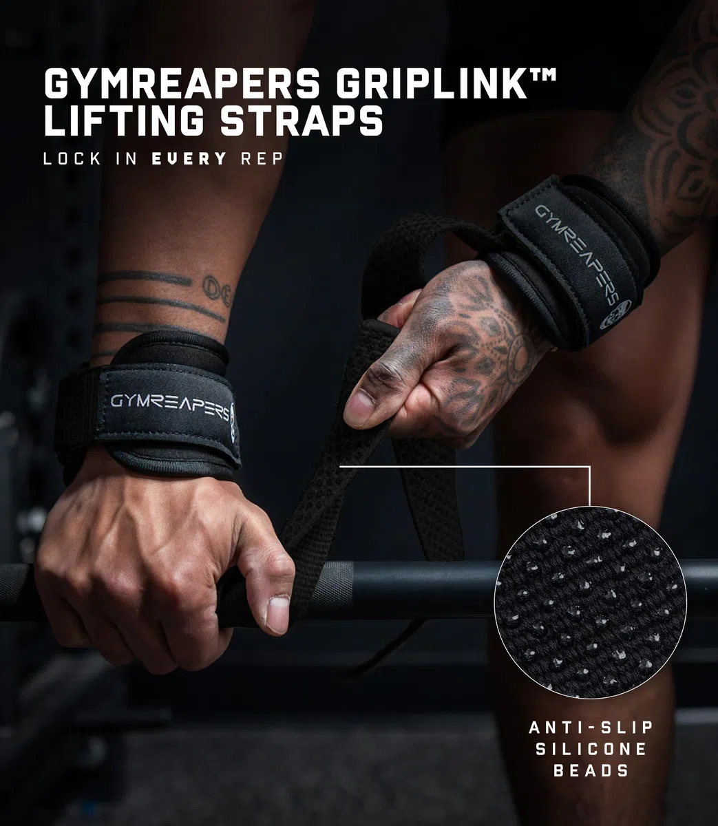 Gymreapers GripLink Sangles d'haltérophilie avec anneau en D robuste avec poignée en silicone antidérapant, support réglable pour soulevés de terre, levage de puissance