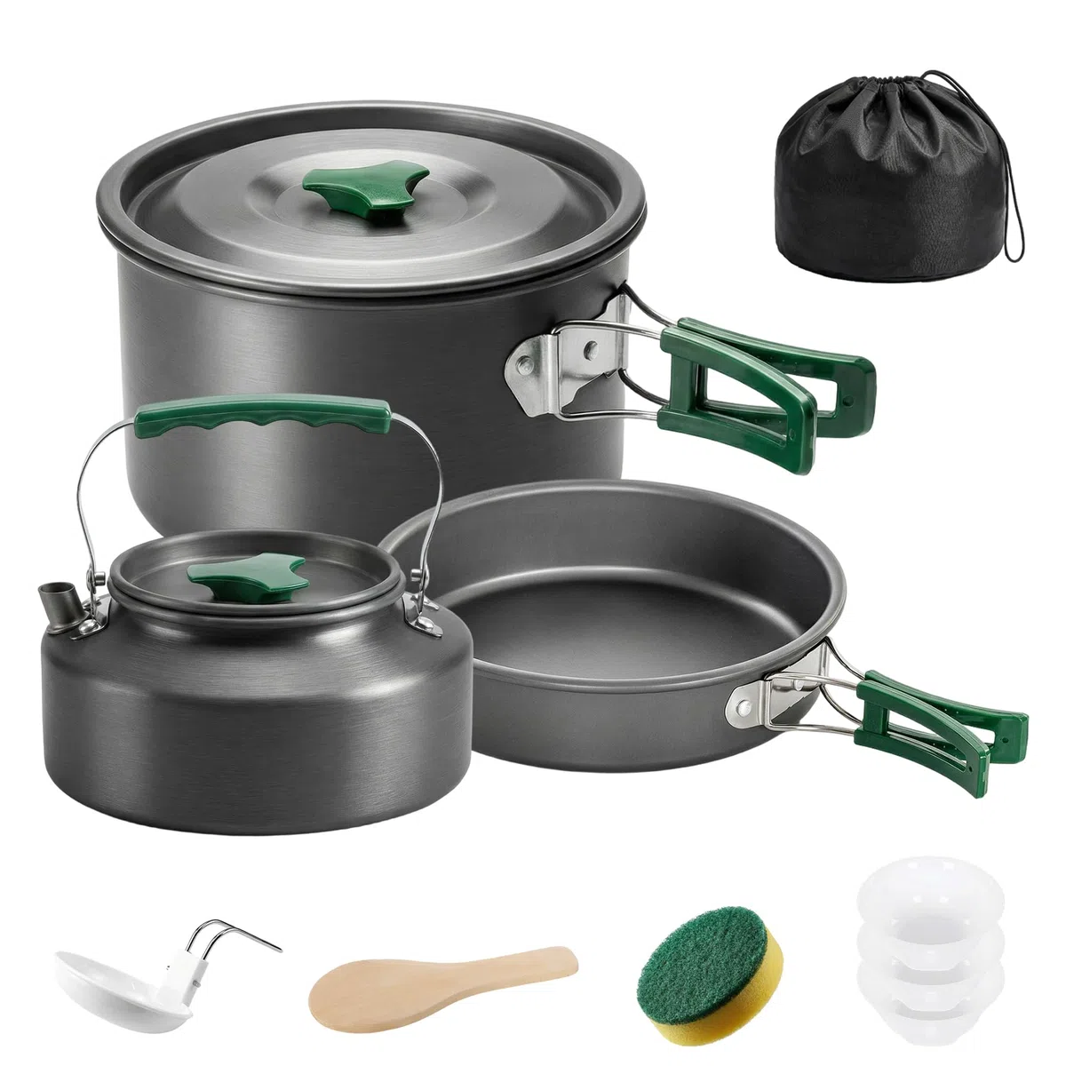 Outsunny Kit de Casseroles Camping 11 Pcs, Cuisine de Camping Compact en Aluminium avec Poignées Anti-Brûlures, Batterie de Cuisine Extérieure avec Sac de Rangement pour Randonnée et Camping, Gris
