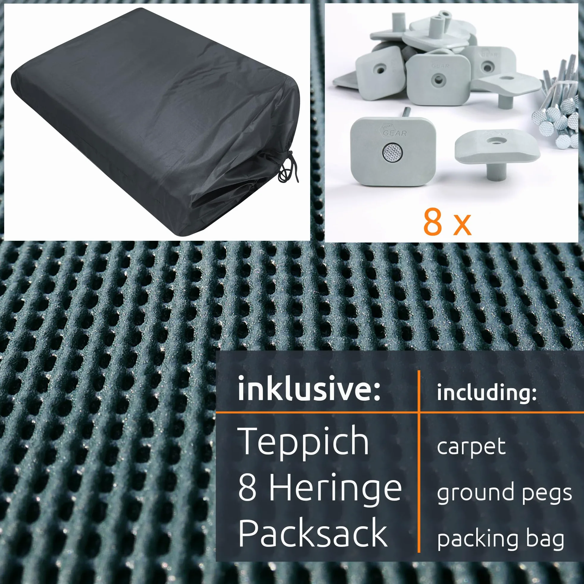 your GEAR Tapis doux d'extérieur - 8 tailles de 200 x 300 à 300 x 600 cm - Tapis d'auvent doux - Tapis de tente - Tapis de camping avec clips, piquets et sac de transport - Découpable - 3 x 6 cm