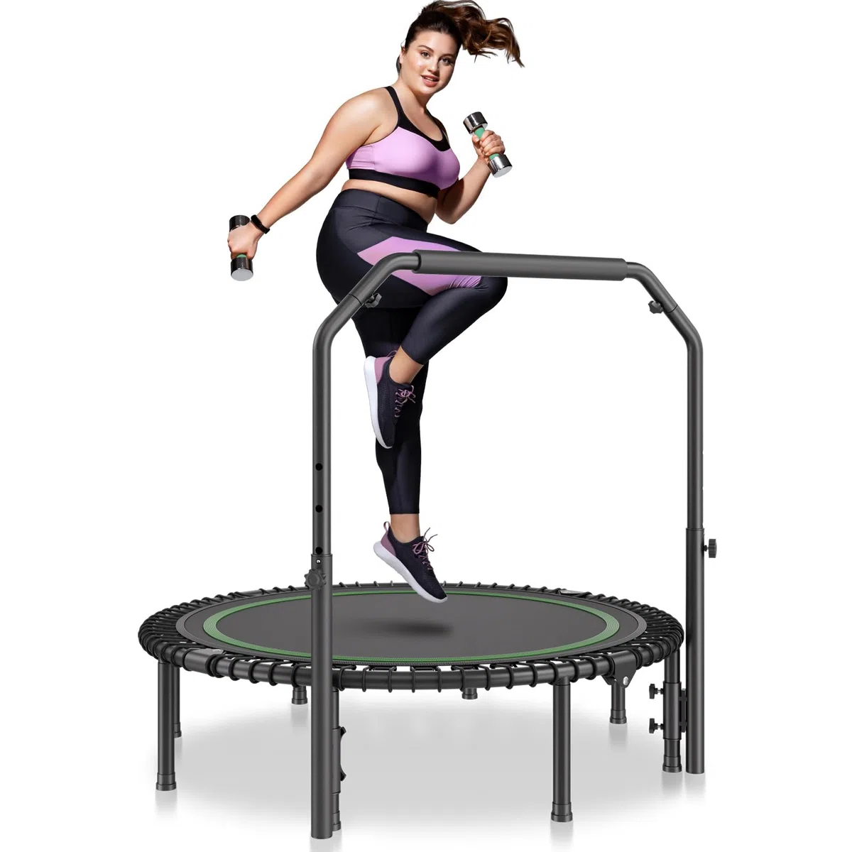 VEVOR Mini Trampoline Pliable, 1290 mm, Fitness rebounder, Charge Max. 205 kg, Stable et Silencieux avec poignée en Mousse réglable en Hauteur à 4 Niveaux, pour entraînement intérieur/Jardin Adultes