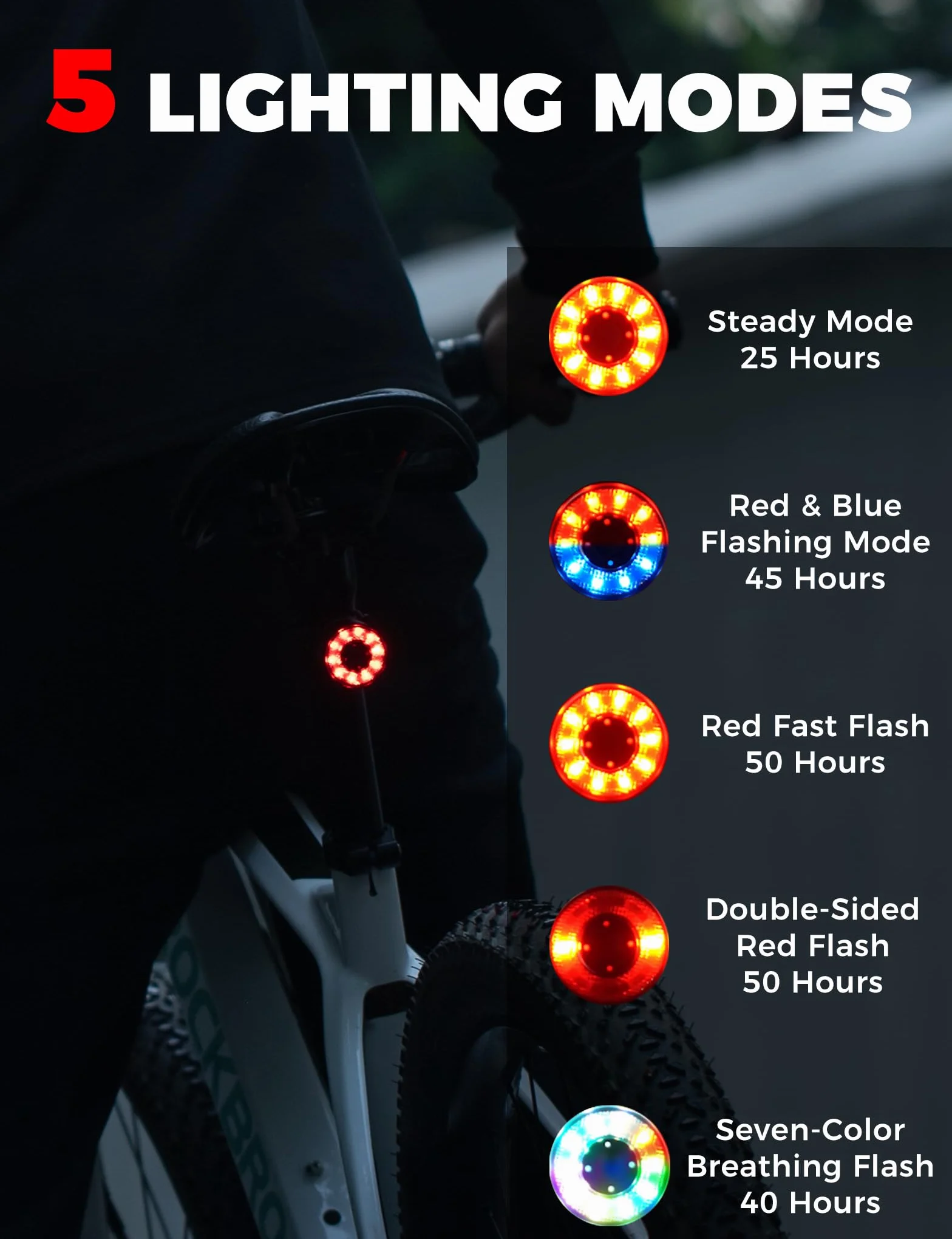 ROCKBROS Feu Arrière Vélo RGB LED 5 Modes, Lumière Arrière USB-C Rechargeable 300mAh IPX5 Étanche, Éclairage 7 Couleurs avec Double Fixation Selle/Tige pour VTT et Route