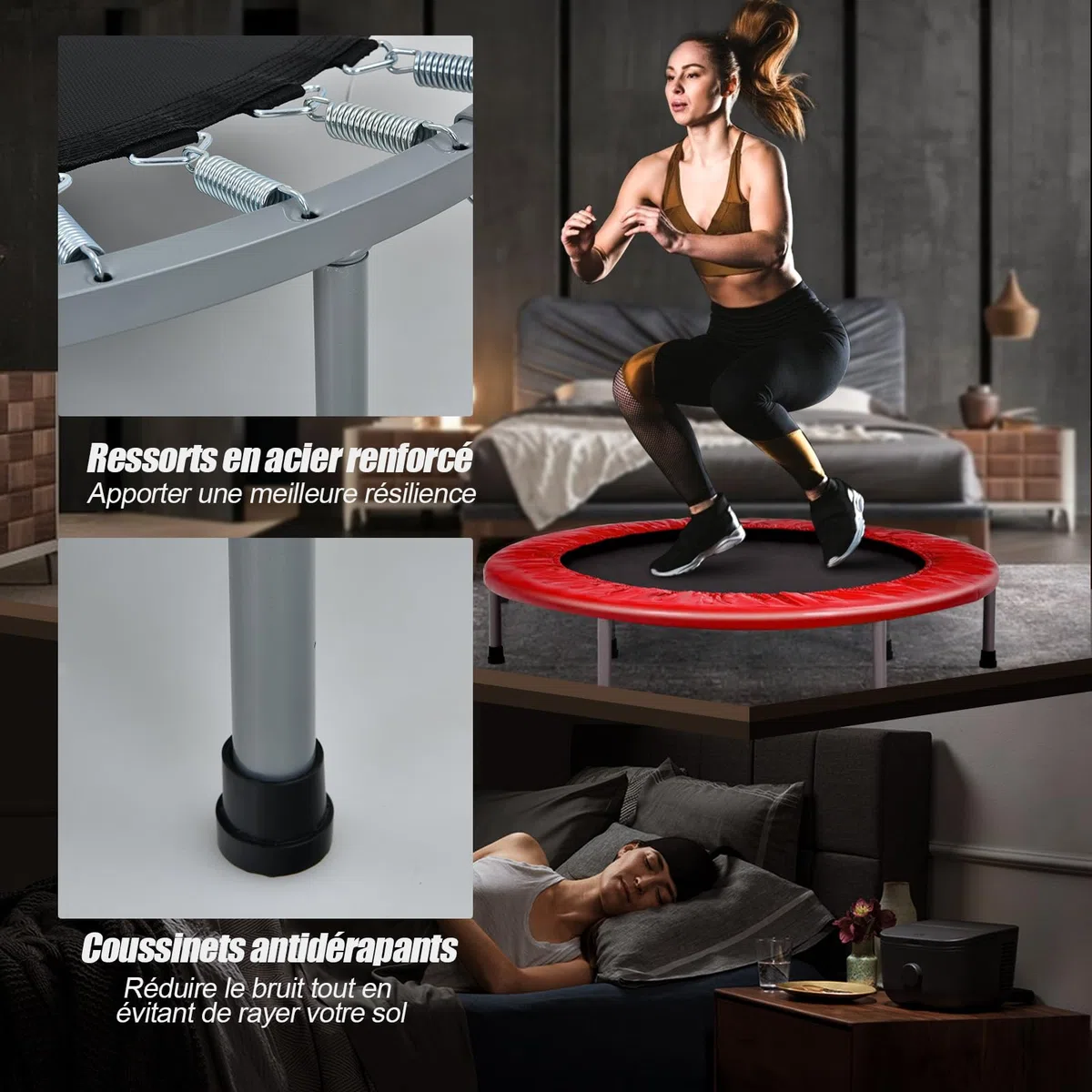 GYMAX Trampoline de Fitness Pliable avec Poignée Réglable à 4 Niveaux, Ressorts en Acier Renforcés, Couverture Rembourrée, Sac de Transport, Trampoline de Loisirs pour Adultes/Enfants (Rouge)