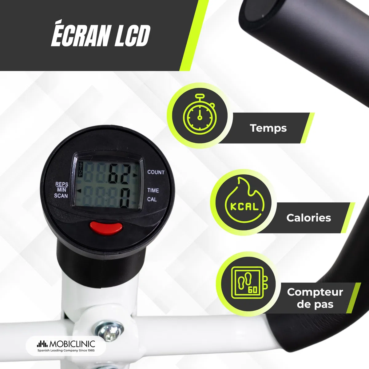 Mobiclinic®, Stepper avec Guidon, Hauteur Réglable, Écran LCD, Intensité Réglable, Pédales Antidérapantes, Appareil Pas à Pas, Compact, Exercice à Domicile, Step-Pro