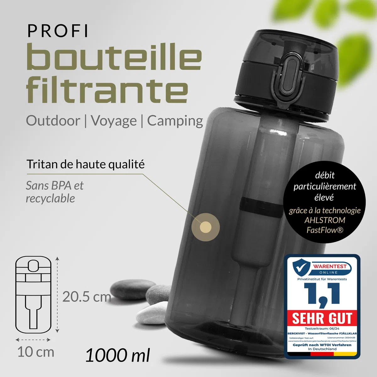 BERGKVIST® Outdoor Bouteille filtrante FJÄLLKLAR [1l], noir | Gourde d'un litre avec filtre d'AHLSTROM® pour de l'eau potable propre en camping, randonnée et aventures de survie