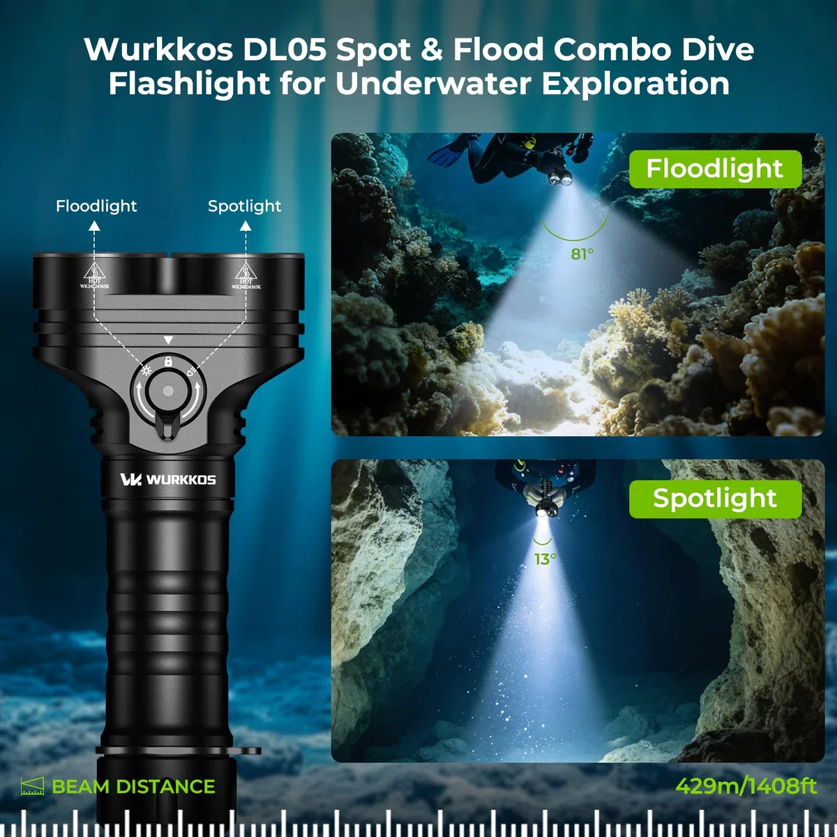 Wurkkos DL05 Lampe de plongée 6000 LM, torche LED subaquatique 14h autonomie, étanche IPX8 100m rechargeable Type-C, lampe tactique portable pour plongée tuba/nocturne