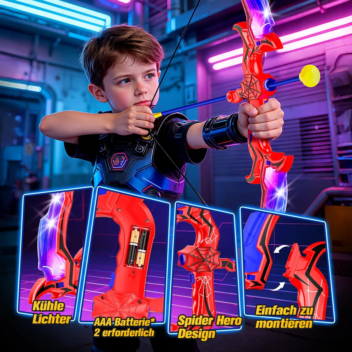 jouet à partir de 3, 4, 5, 6, 7, 8, 9, 10, 11, 12 ans pour garçons, arc et flèche pour enfants avec lumière LED, jouet araignée pour l'extérieur à partir de 9, 10, 11, 12 ans pour garçons