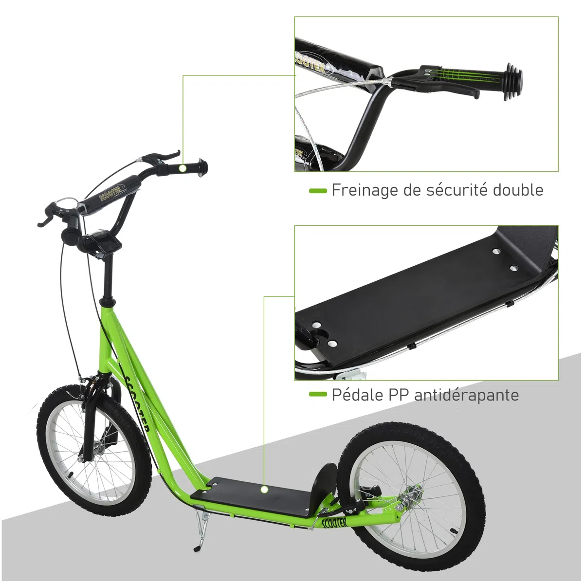 HOMCOM Trottinette patinette pour Enfants à partir de 5 Ans Grands pneus en Caoutchouc Guidon réglable poignée Frein et béquille Acier Charge Max. 100 Kg