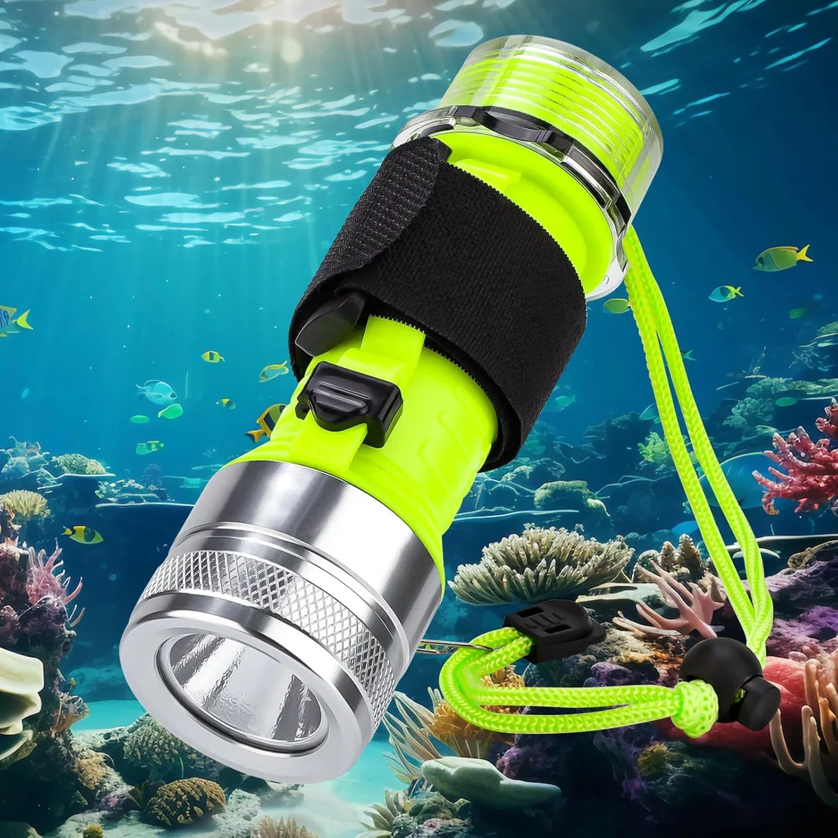 Lampe de plongée, 1500 Lumen Lampe de Poche LED Rechargeable, 3 Modes IPX8 Étanche, Lampe sous Marine 80 m sous l'eau avec lanière pour la Pêche de Nuit, Les Sports sous-Marins