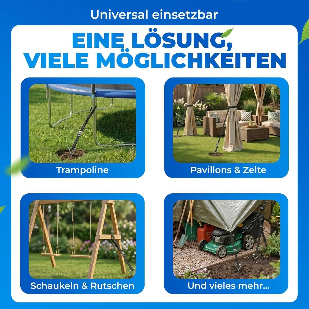 Monzana Piquets d'ancrage Spirales Sangles de Serrage Kit ancrage résistance 900kg Acier Inoxydable Fixations pour Trampoline Sécurité Gris