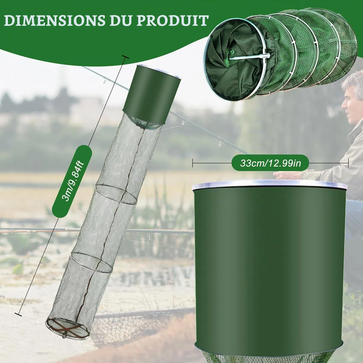Bourriche de pêche, Cages Pliables, Sac pour Filet de pêche, bourriche caoutchoutée avec Sac et Gants, Filet Flottant Pliable pour Accessoires de pêche