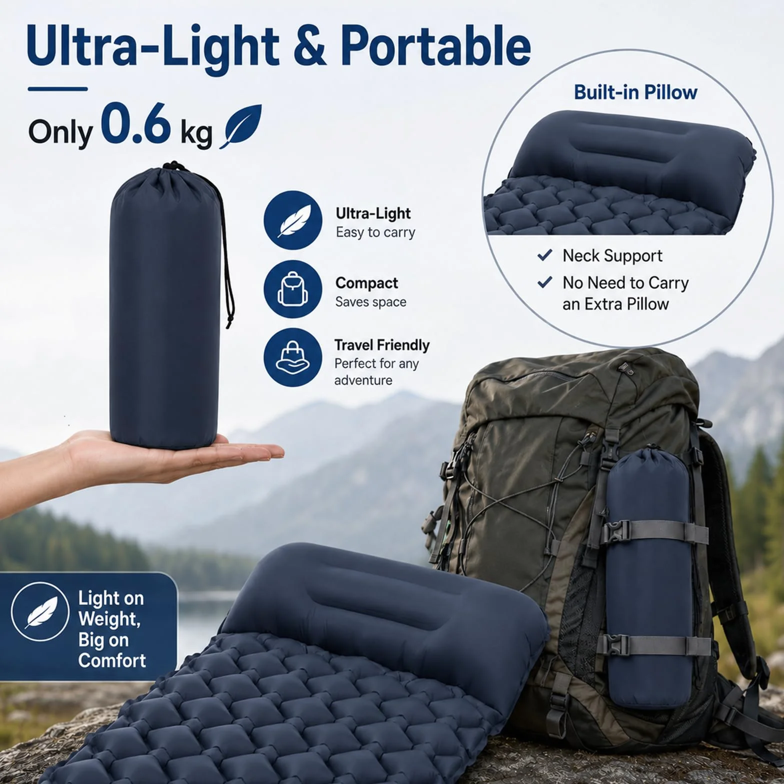 CIYIN Matelas Camping Autogonflant, Matelas Gonflable 1 Place, Matelas de Plage, avec Oreiller et Pompe à Pied intégrée, Ultra Léger, Portable, pour Tente Trekking Randonnée (Bleu Marine)