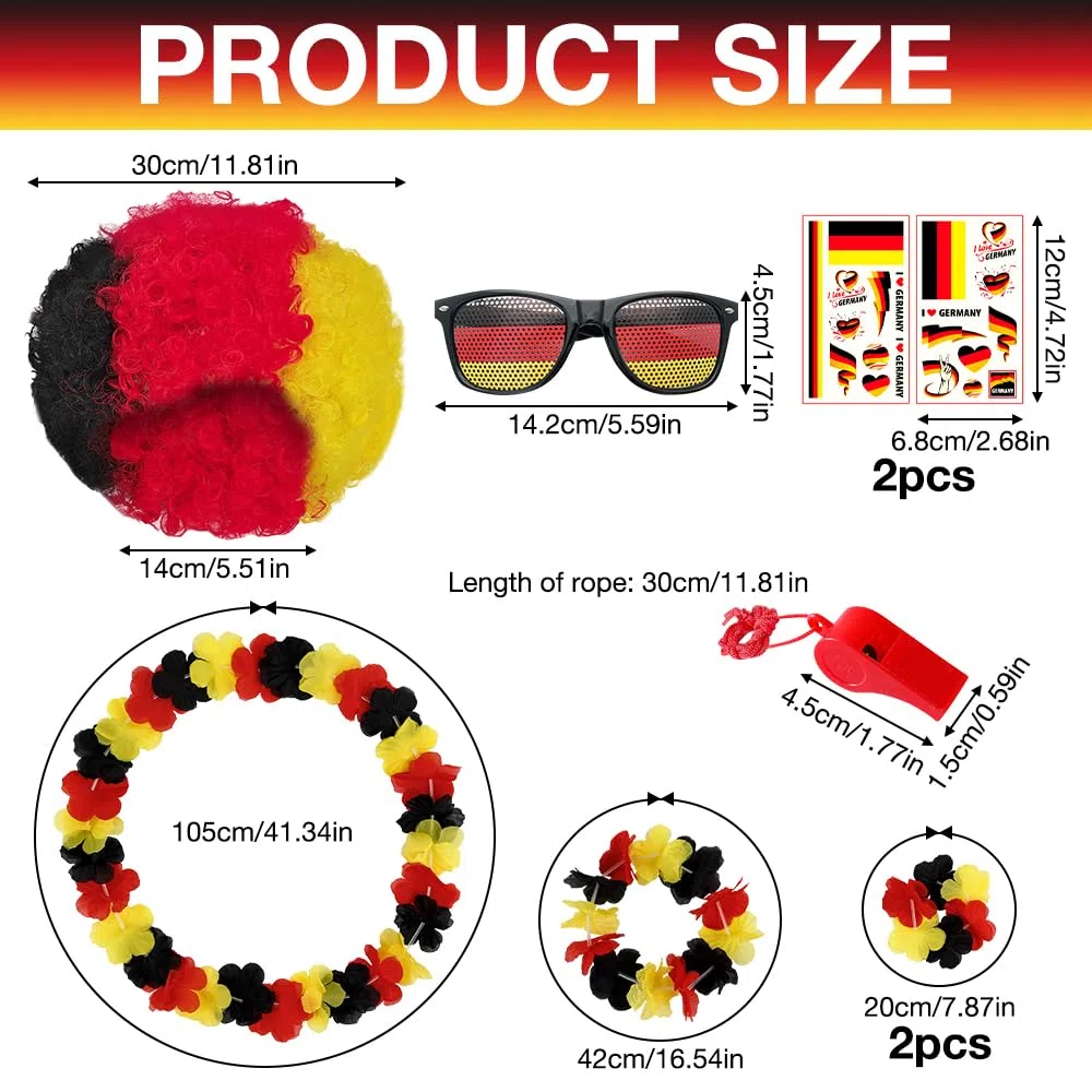 7 Pièces Kit Supporter Allemagne, SGZIOO Wm Fanpaket Allemagne, Collier de Fleurs Kit, perruque, lunettes de soleil, sifflet