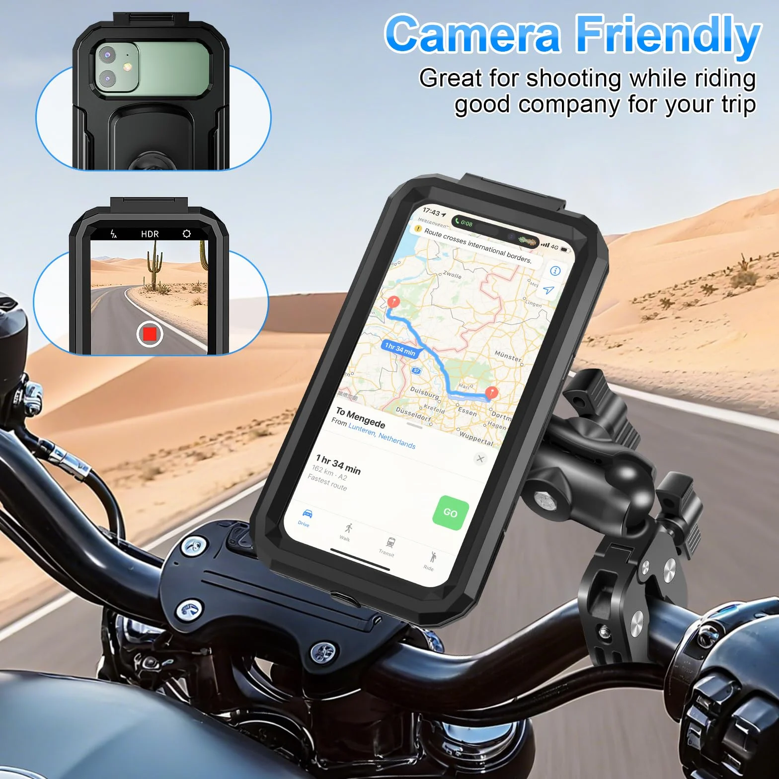 Support Téléphone Moto Etanche Universel Support Telephone Vélo 720° Rotation Pivotant Support pour Guidon avec Bras Extension Métal Écran Tactile pour 5,5-7,0 Pouces Smartphone (Noir)